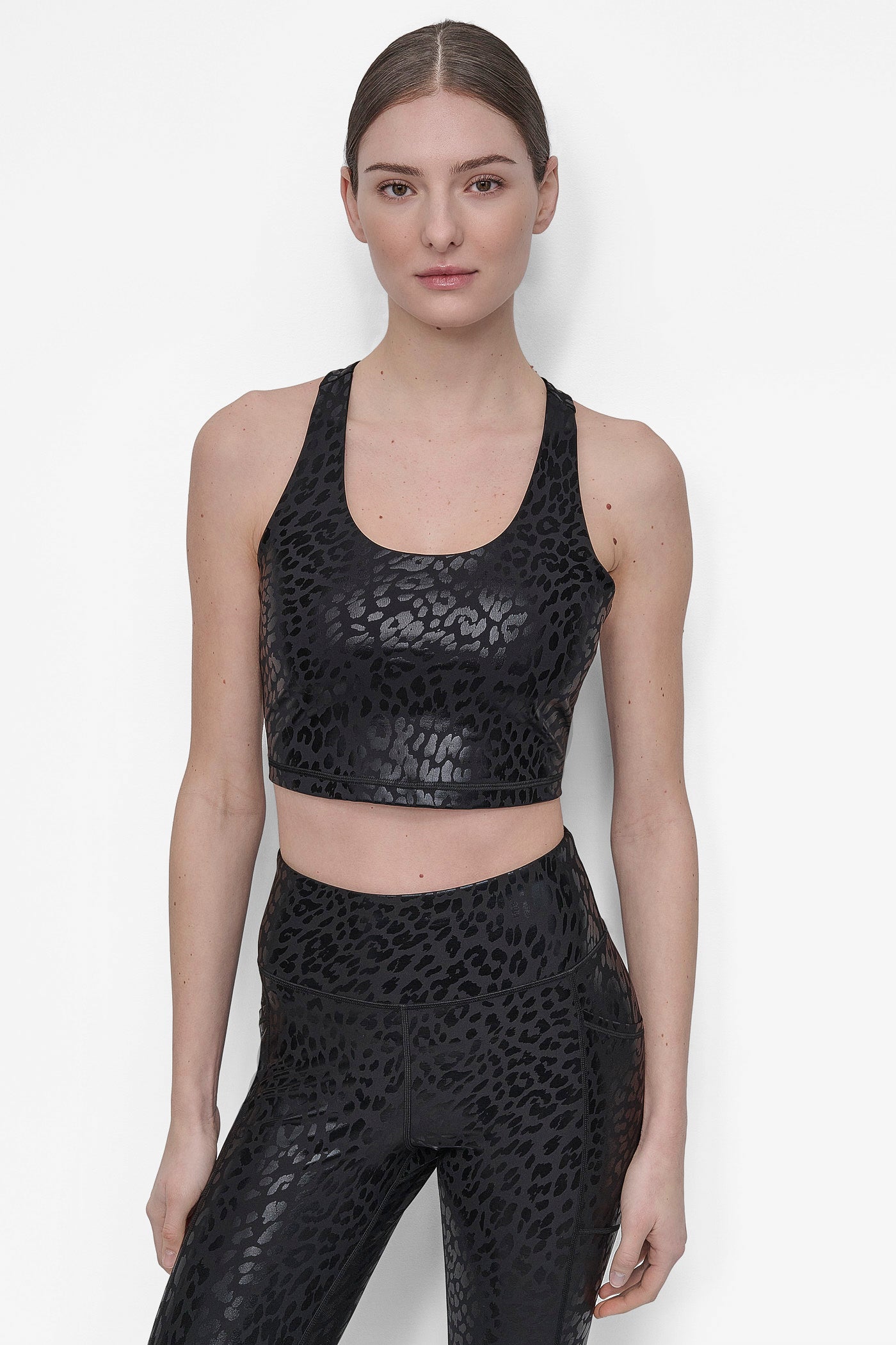 NIGHT CAT FOIL PRINTED RACERBACK CROP TANK WITH BUILT IN SHELF BRA, FRONT VIEW | Tees & Tanks