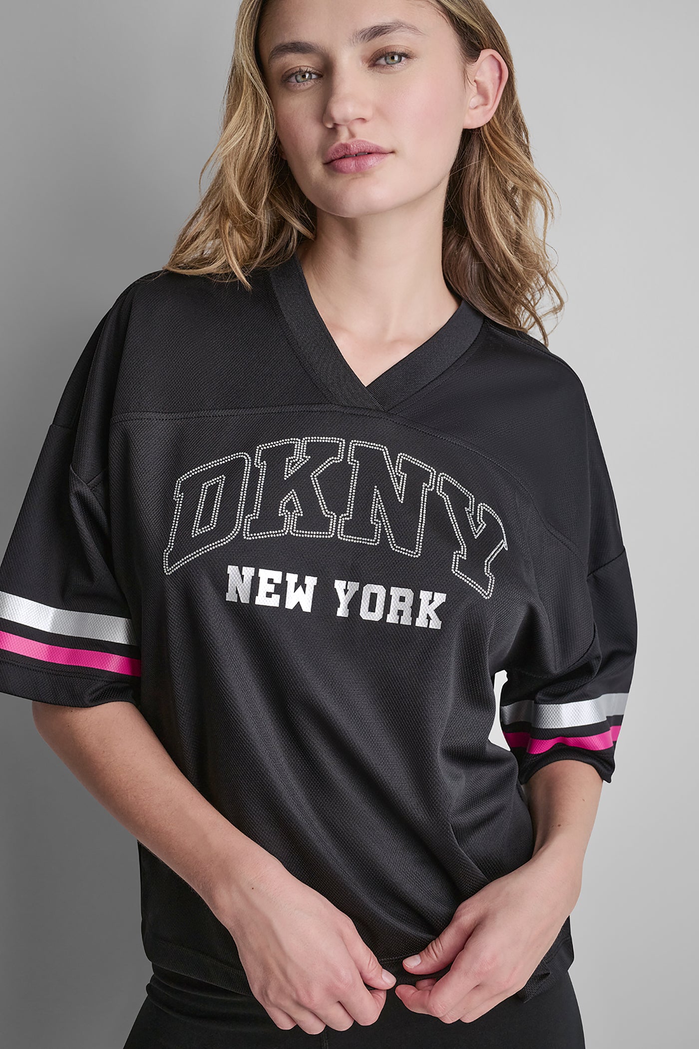 Black/Festive Pink RHINESTONE VARSITY LOGO V-NECK JERSEY, VIEW 2 | New Arrivals