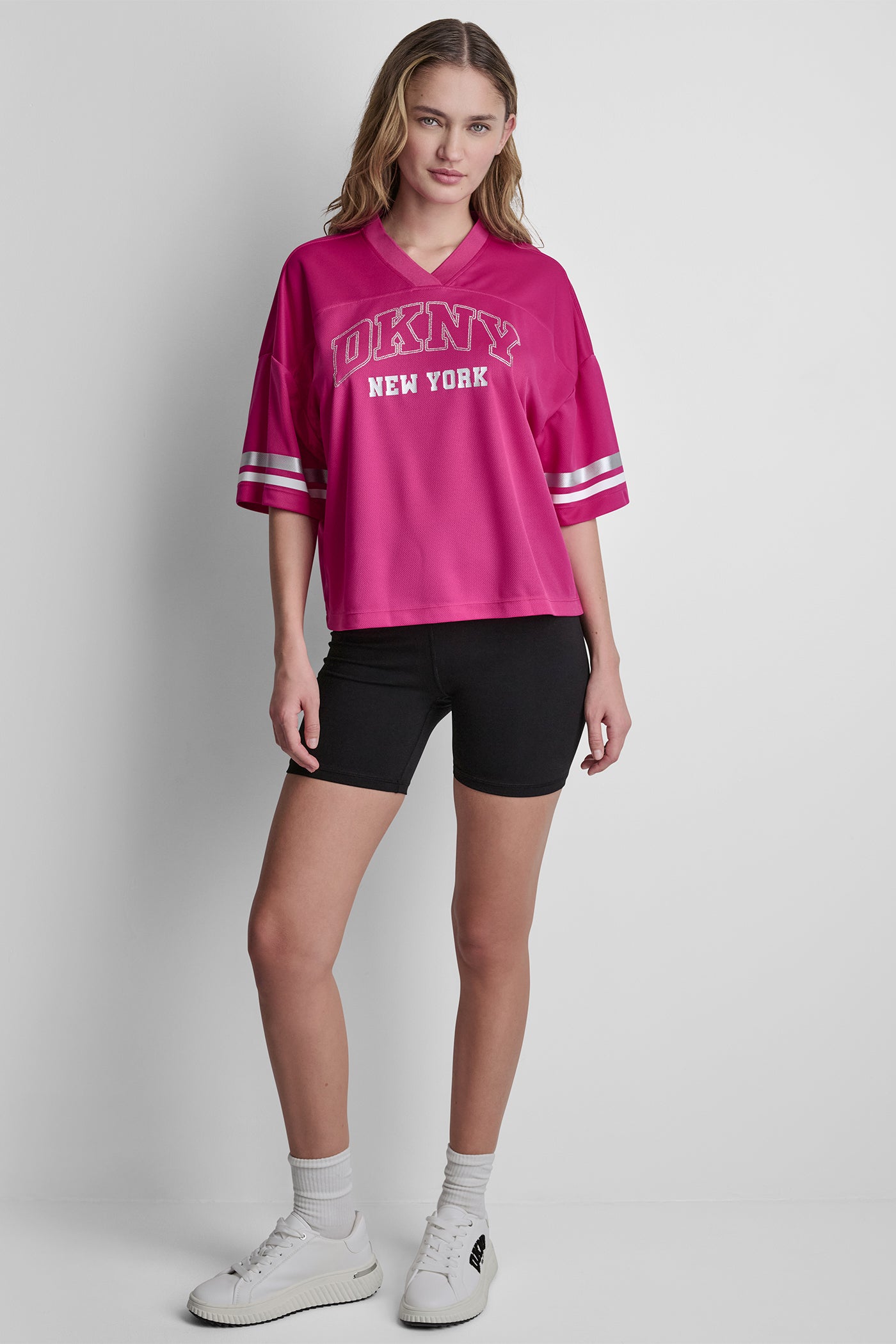 Festive Pink/White RHINESTONE VARSITY LOGO V-NECK JERSEY, VIEW 2 | New Arrivals