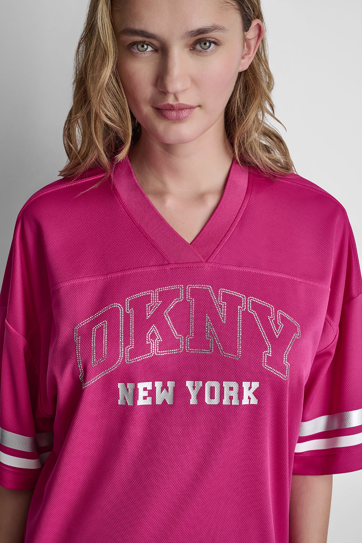 Festive Pink/White RHINESTONE VARSITY LOGO V-NECK JERSEY, VIEW 1 | New Arrivals