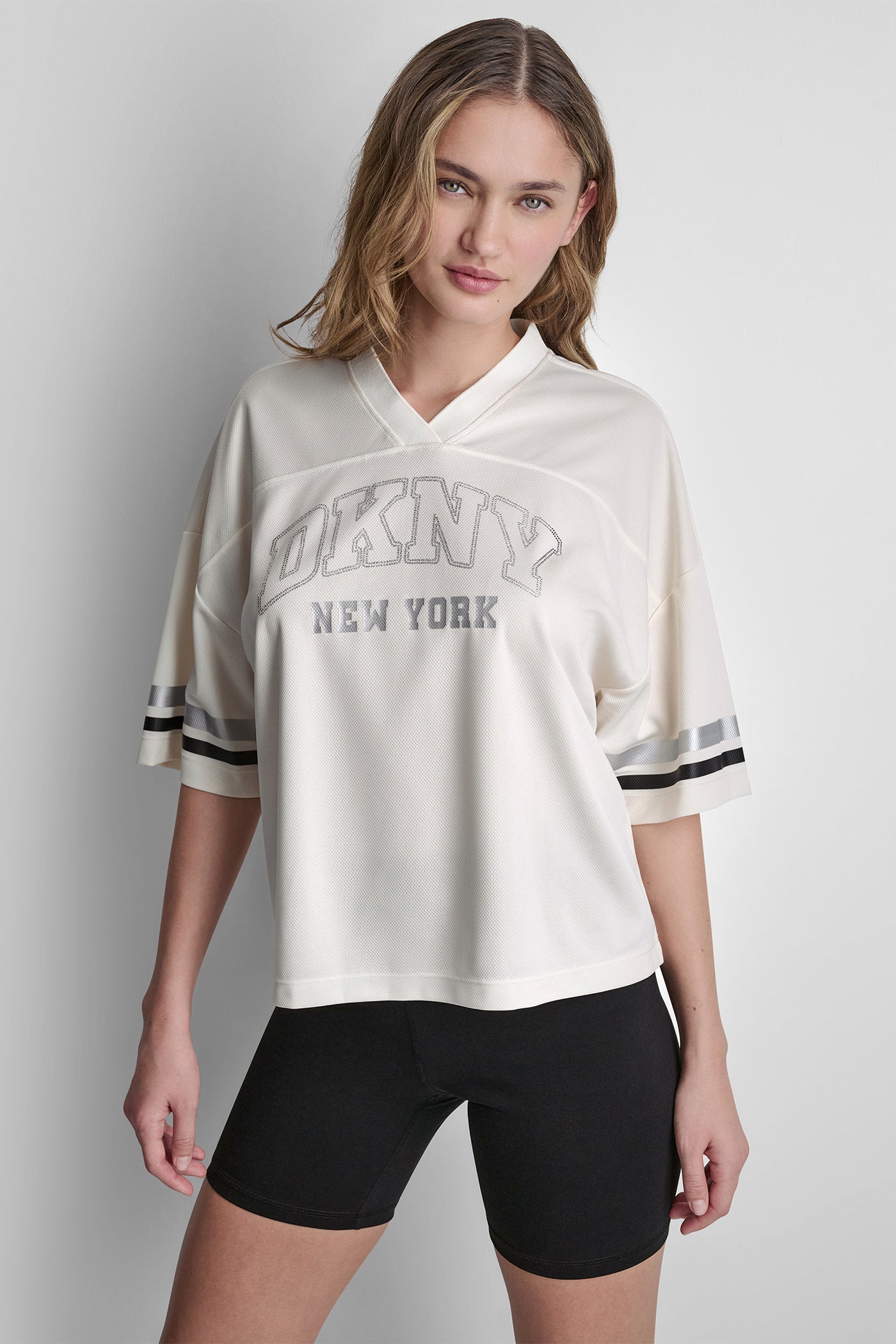 Eggnog/Black RHINESTONE VARSITY LOGO V-NECK JERSEY, FRONT VIEW | New Arrivals