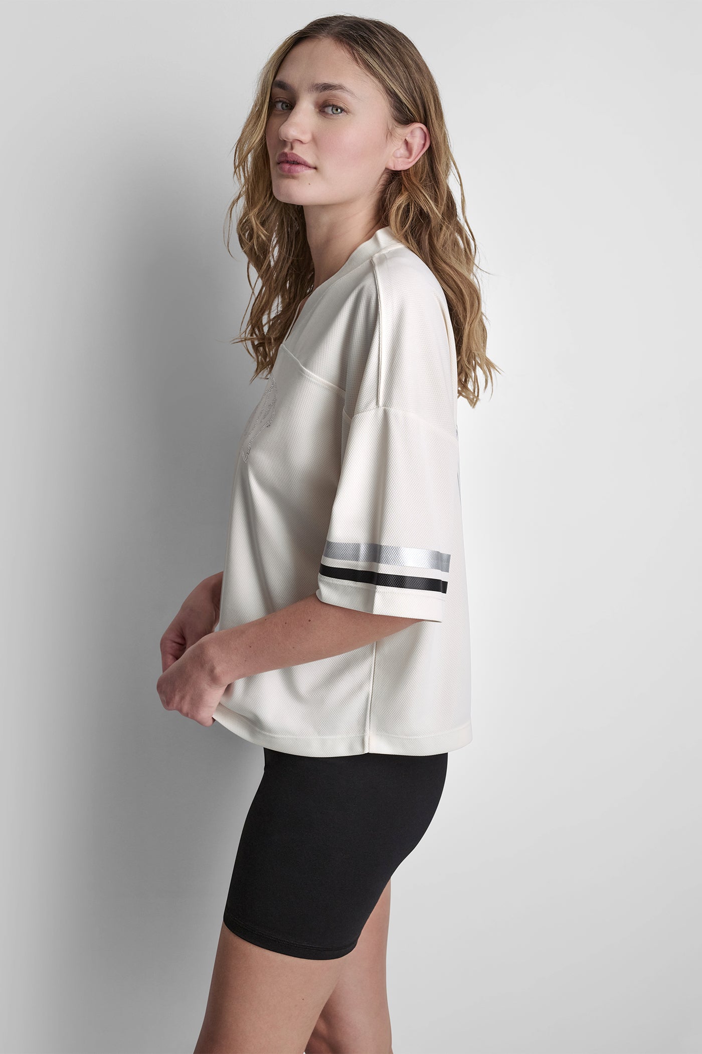RHINESTONE VARSITY LOGO V-NECK JERSEY VIEW 4 | DKNY Sport