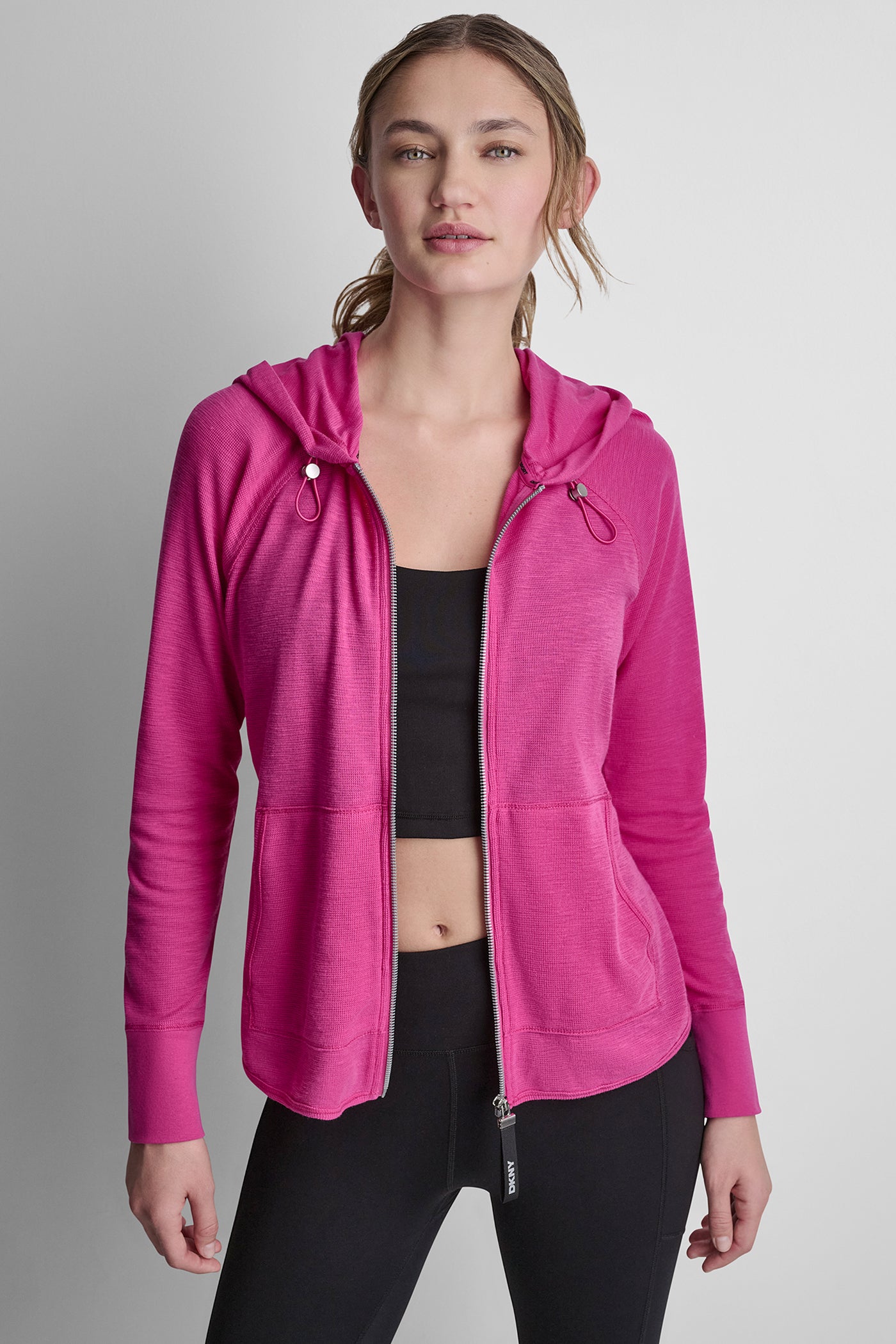 Festive Pink MINI WAFFLE FULL-ZIP HOODIE, FRONT VIEW | MUST-HAVES