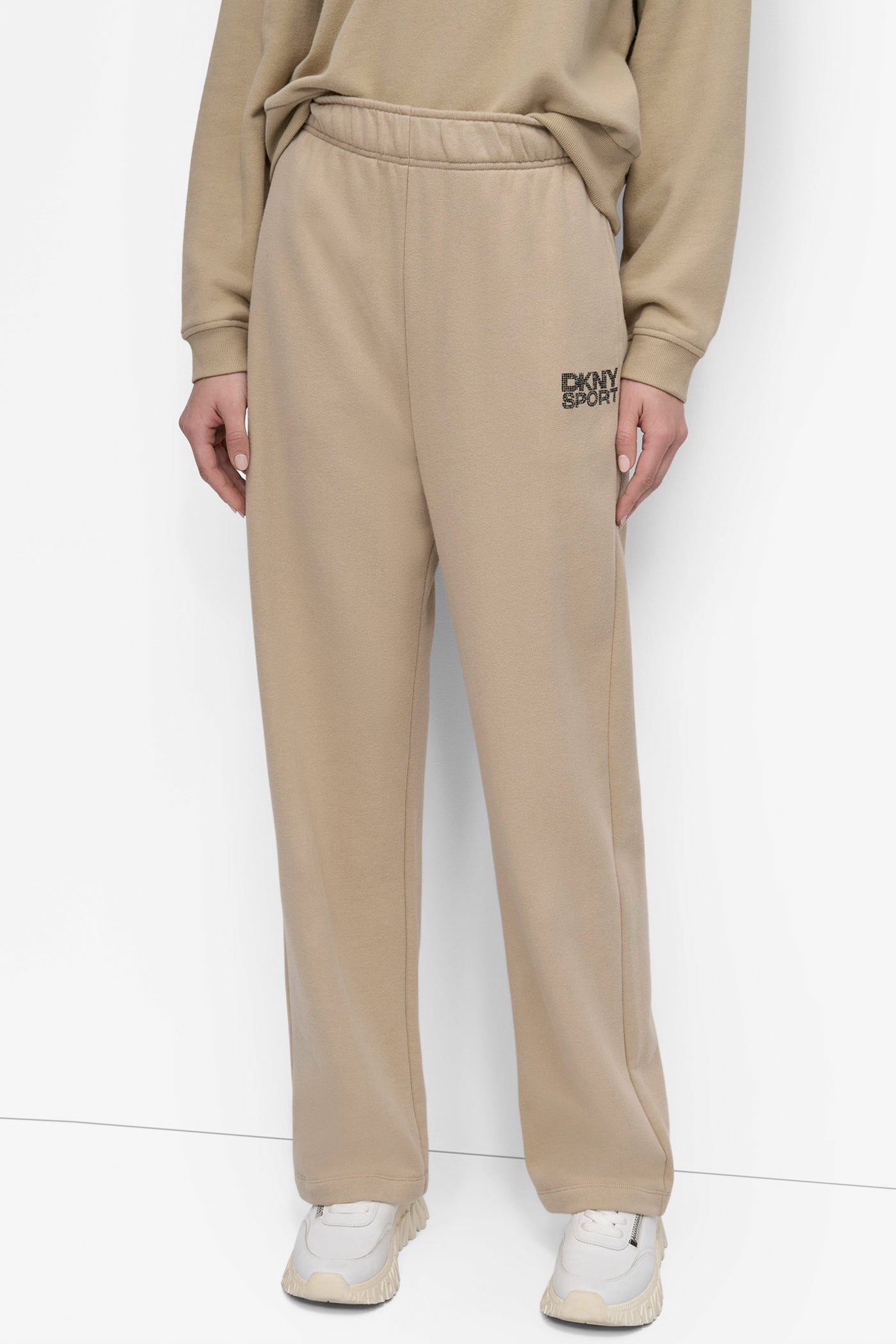 Travertine/Black DKNY SPORT RHINESTONE LOGO SUPER HIGH RISE STRAIGHT, FRONT VIEW | Sweatshirts & Joggers