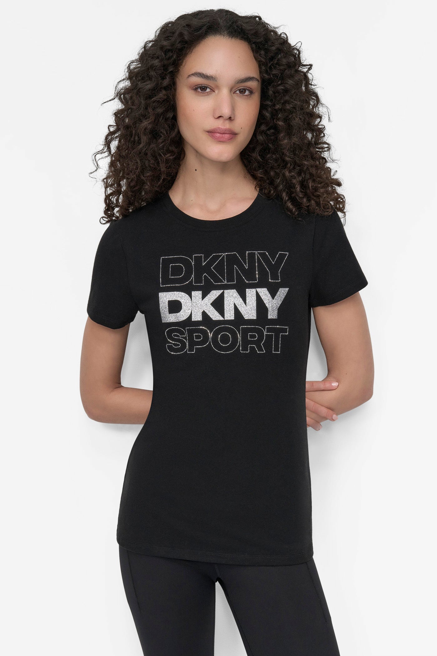BLACK/SILVER DKNY SPORT RHINESTONE GLITTER LOGO TEE, FRONT VIEW | Tees & Tanks