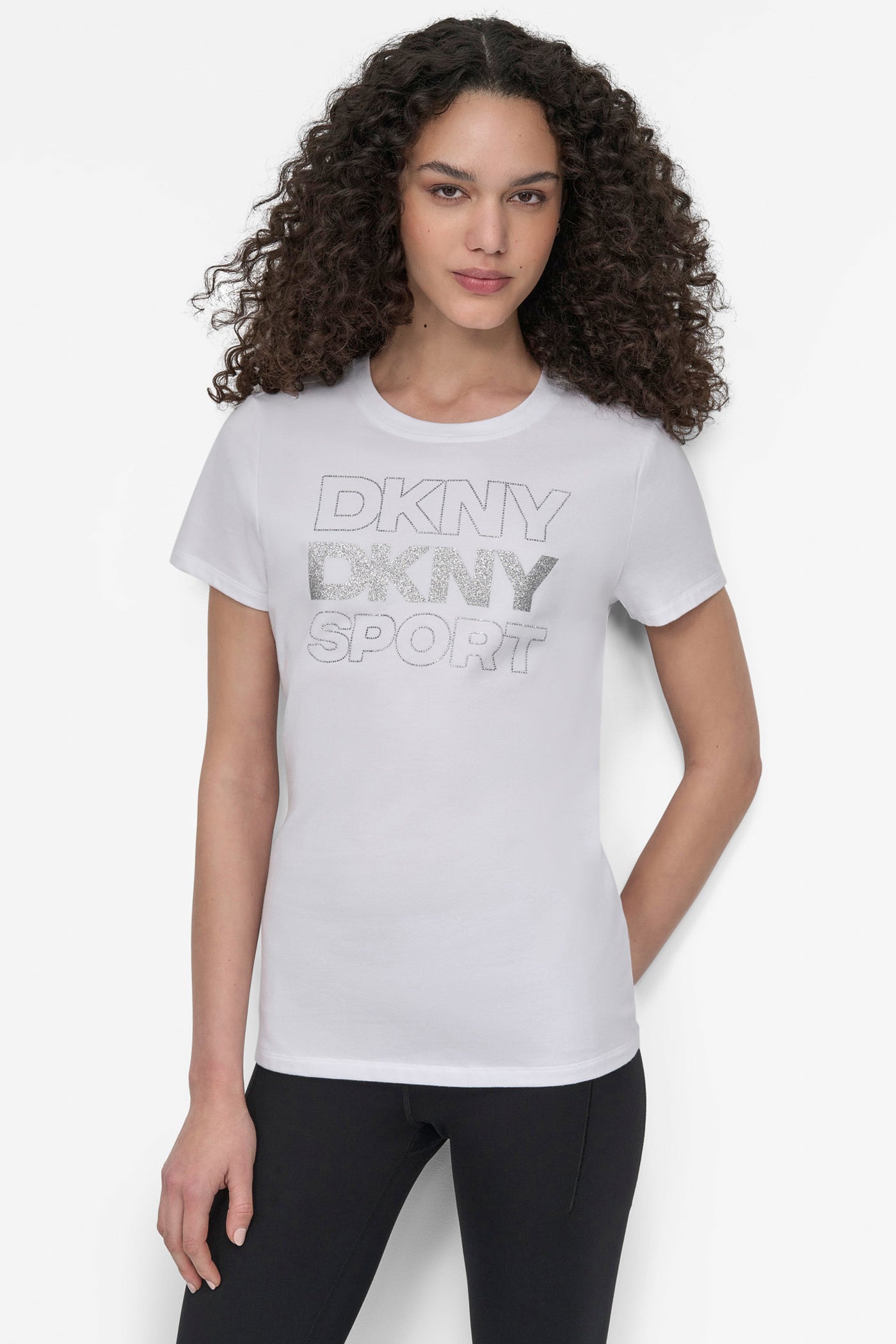 WHITE/SILVER DKNY SPORT RHINESTONE GLITTER LOGO TEE, FRONT VIEW | Sport Essentials