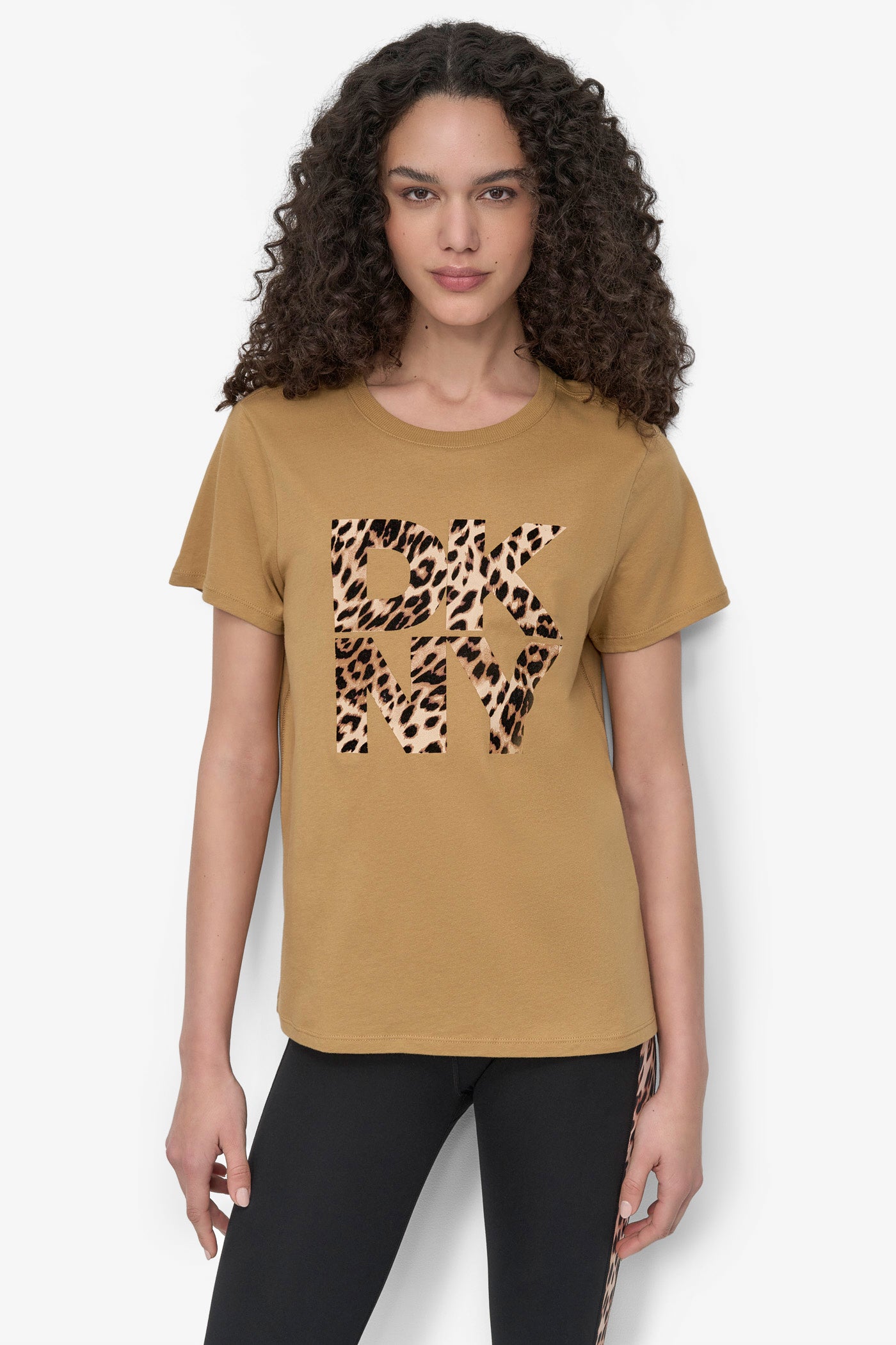 WHISKEY/ BLACK WHISKEY DKNY STACKED ANIMAL PRINT CREW NECK TEE, FRONT VIEW | Tees & Tanks