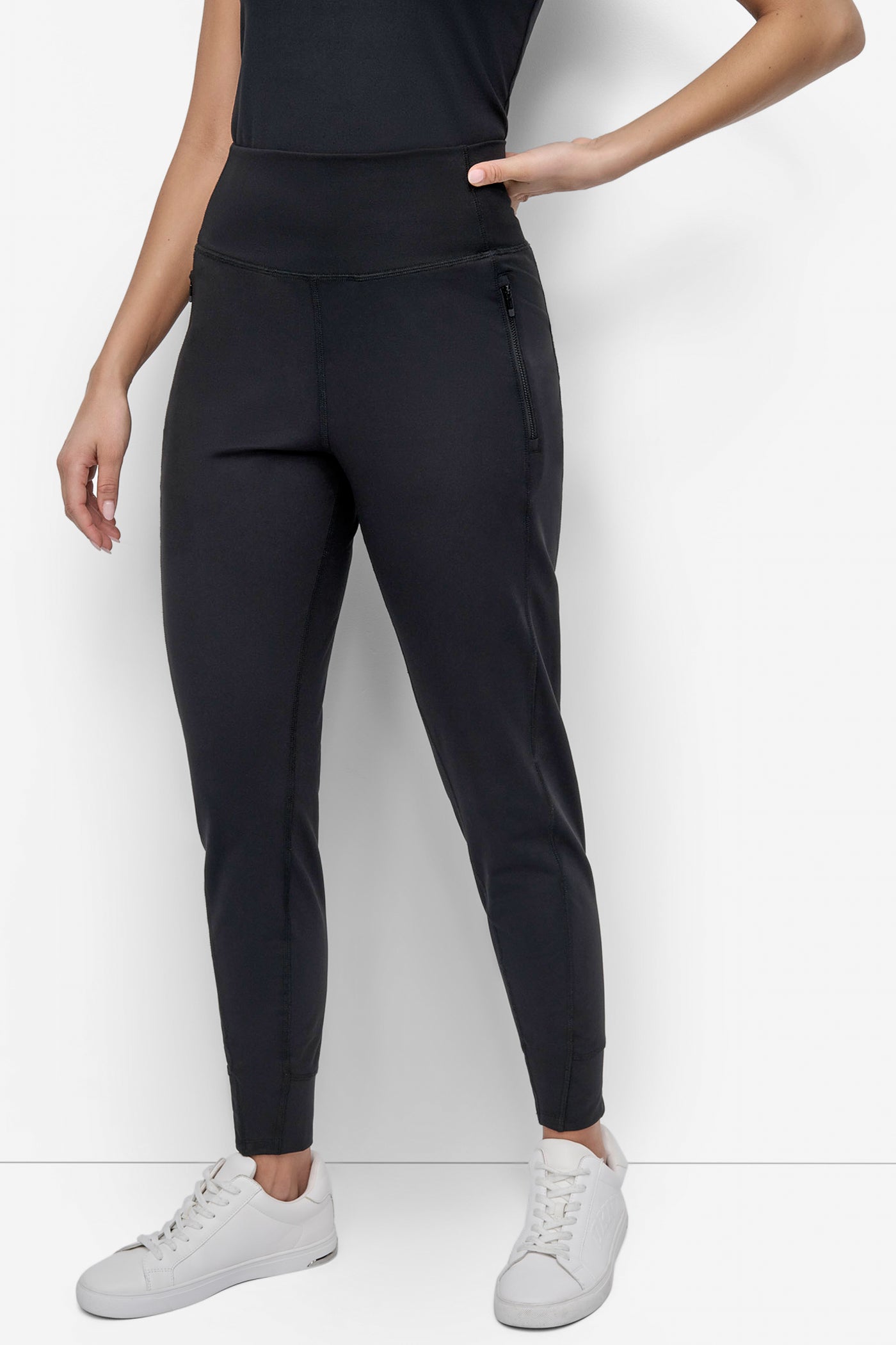 Black BALANCE COMPRESSION JOGGER WITH LOCK ZIP POCKETS, FRONT VIEW | Leggings