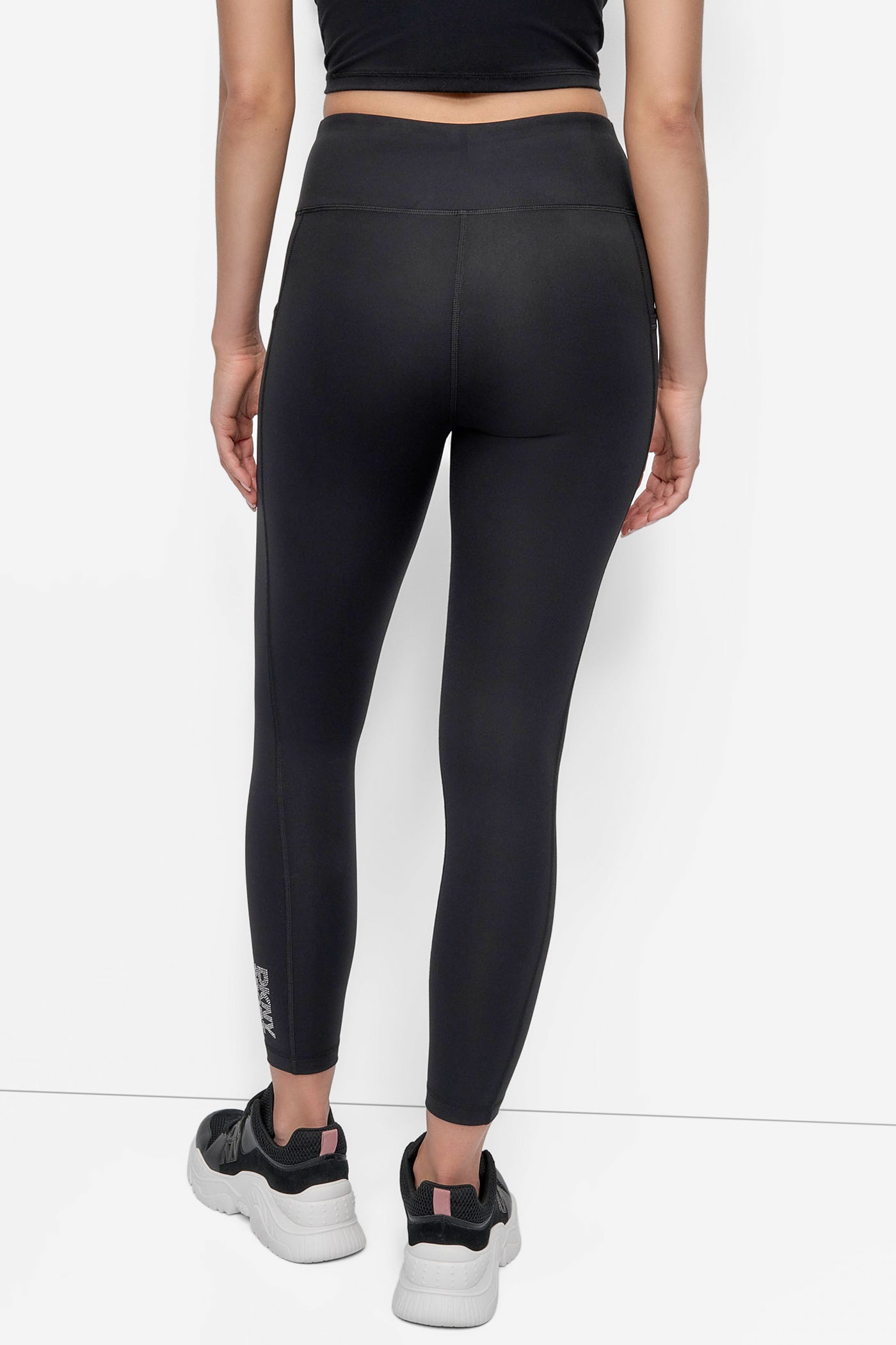 Black/Silver HIGH WAIST 7/8 LENGTH RHINESTONE LOGO TIGHT, BACK VIEW | Leggings