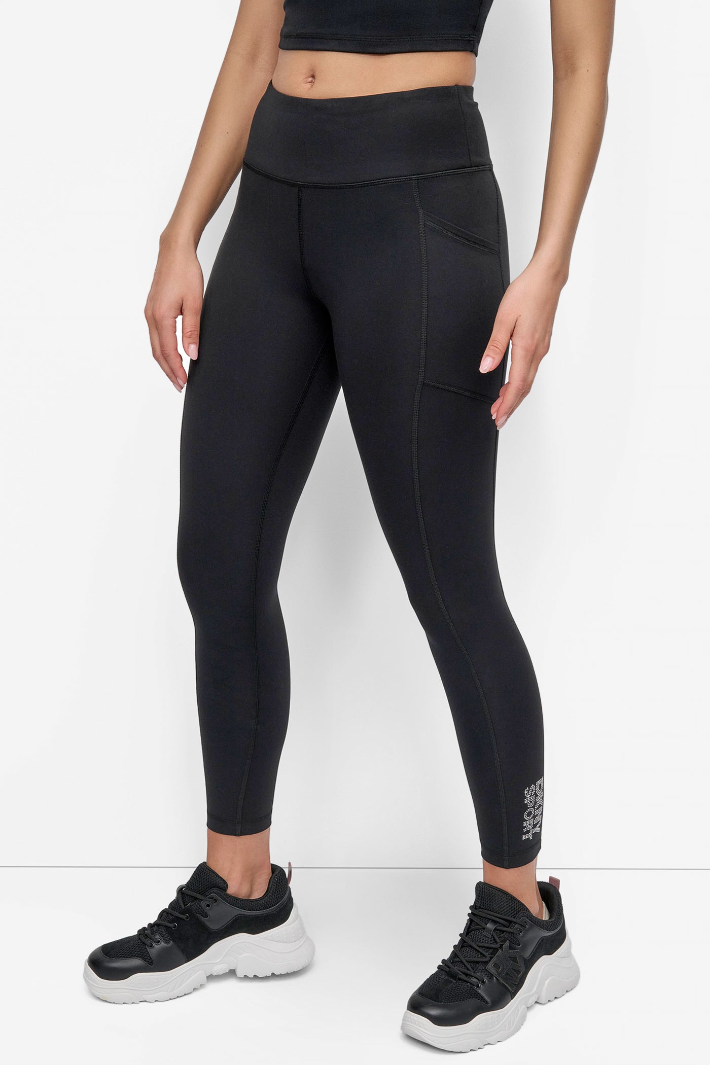Black/Silver HIGH WAIST 7/8 LENGTH RHINESTONE LOGO TIGHT, FRONT VIEW | Leggings