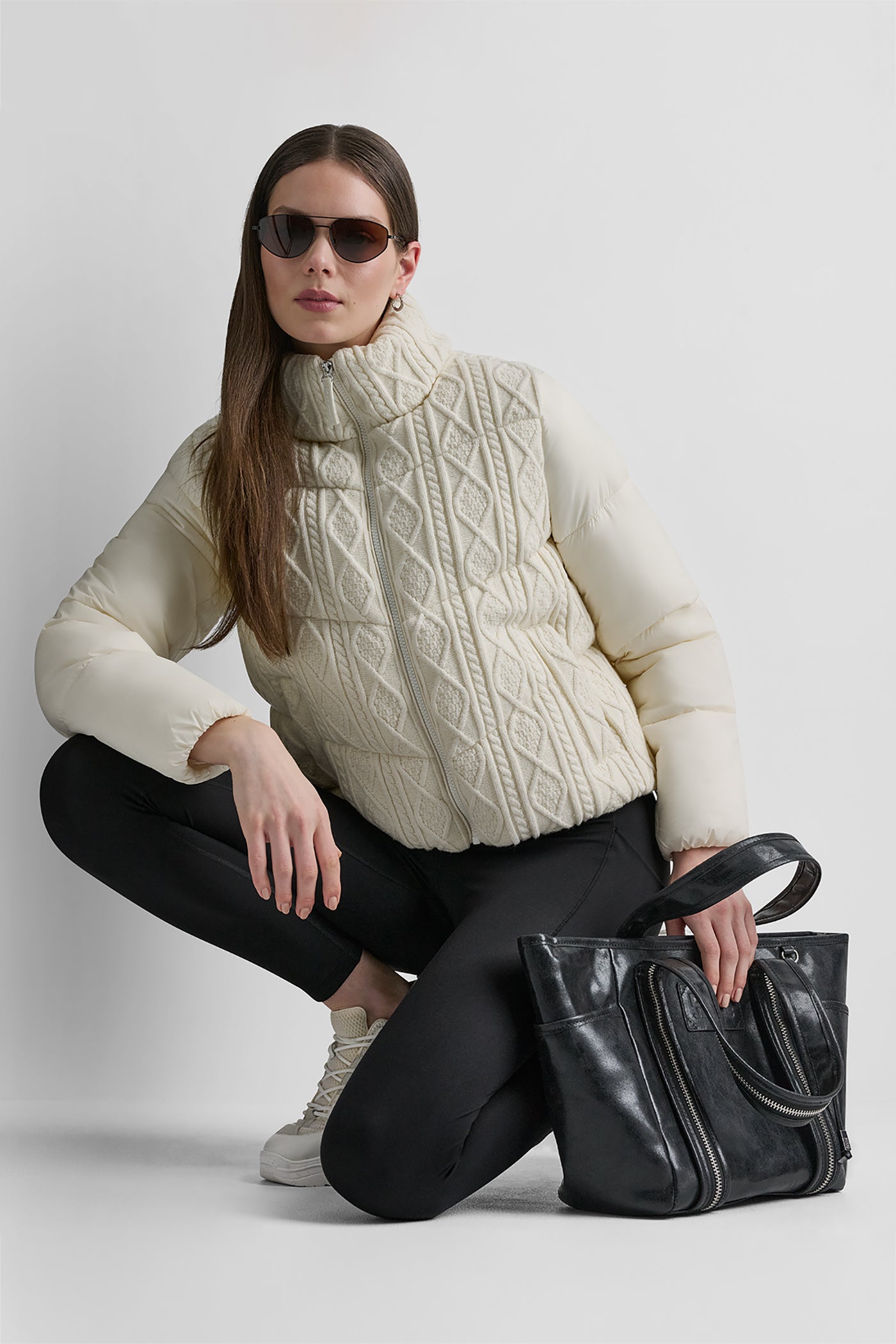 CABLE KNIT MOCK NECK PUFFER JACKET VIEW 11