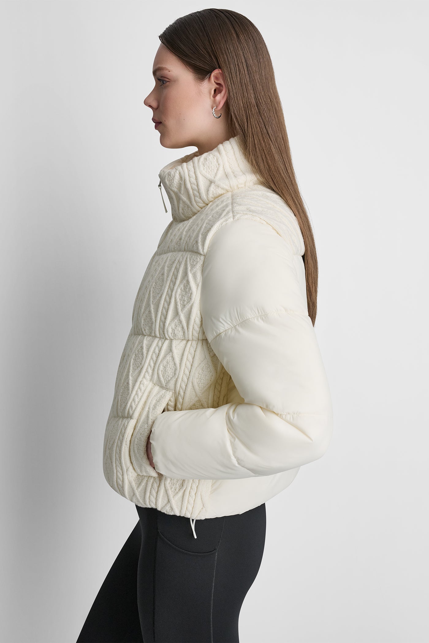 CABLE KNIT MOCK NECK PUFFER JACKET VIEW 3