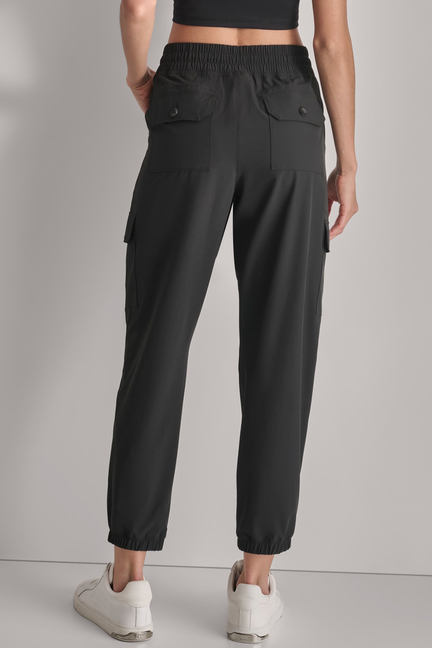 Black SMOCKED WAIST CARGO JOGGER, BACK VIEW | Not Clearance or Preorder