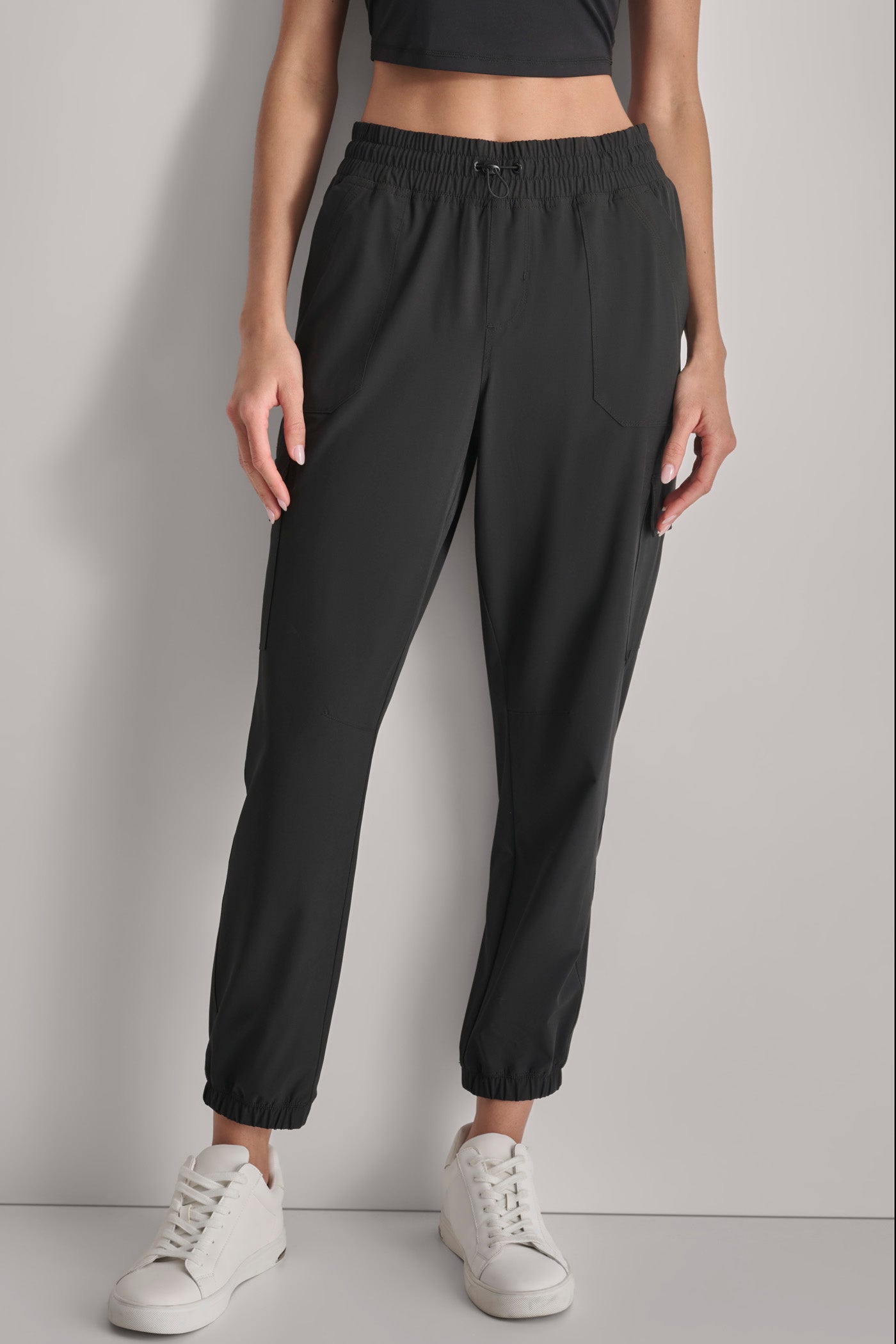 Black SMOCKED WAIST CARGO JOGGER, FRONT VIEW | Not Clearance or Preorder