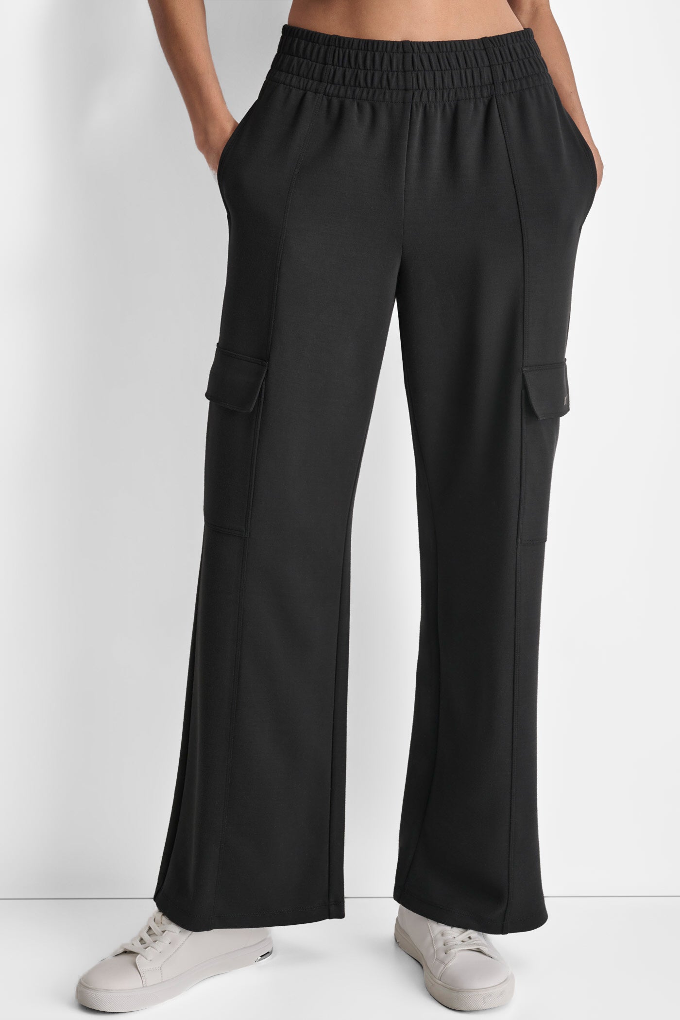 Black HIGH RISE SEAMED WIDE LEG CARGO SWEATPANT, FRONT VIEW | Sweatshirts & Joggers