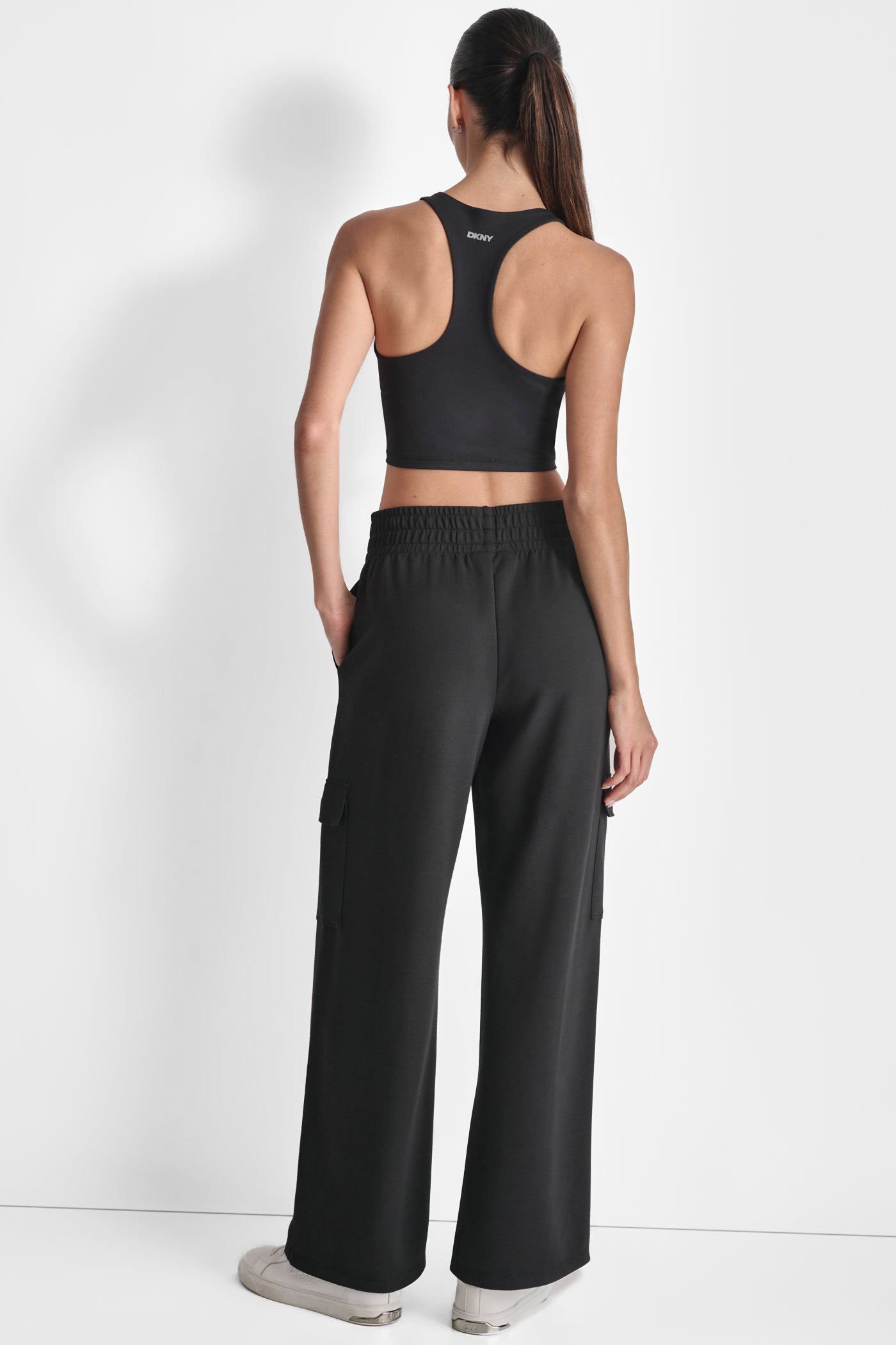 Black HIGH RISE SEAMED WIDE LEG CARGO SWEATPANT, BACK VIEW | Sweatshirts & Joggers
