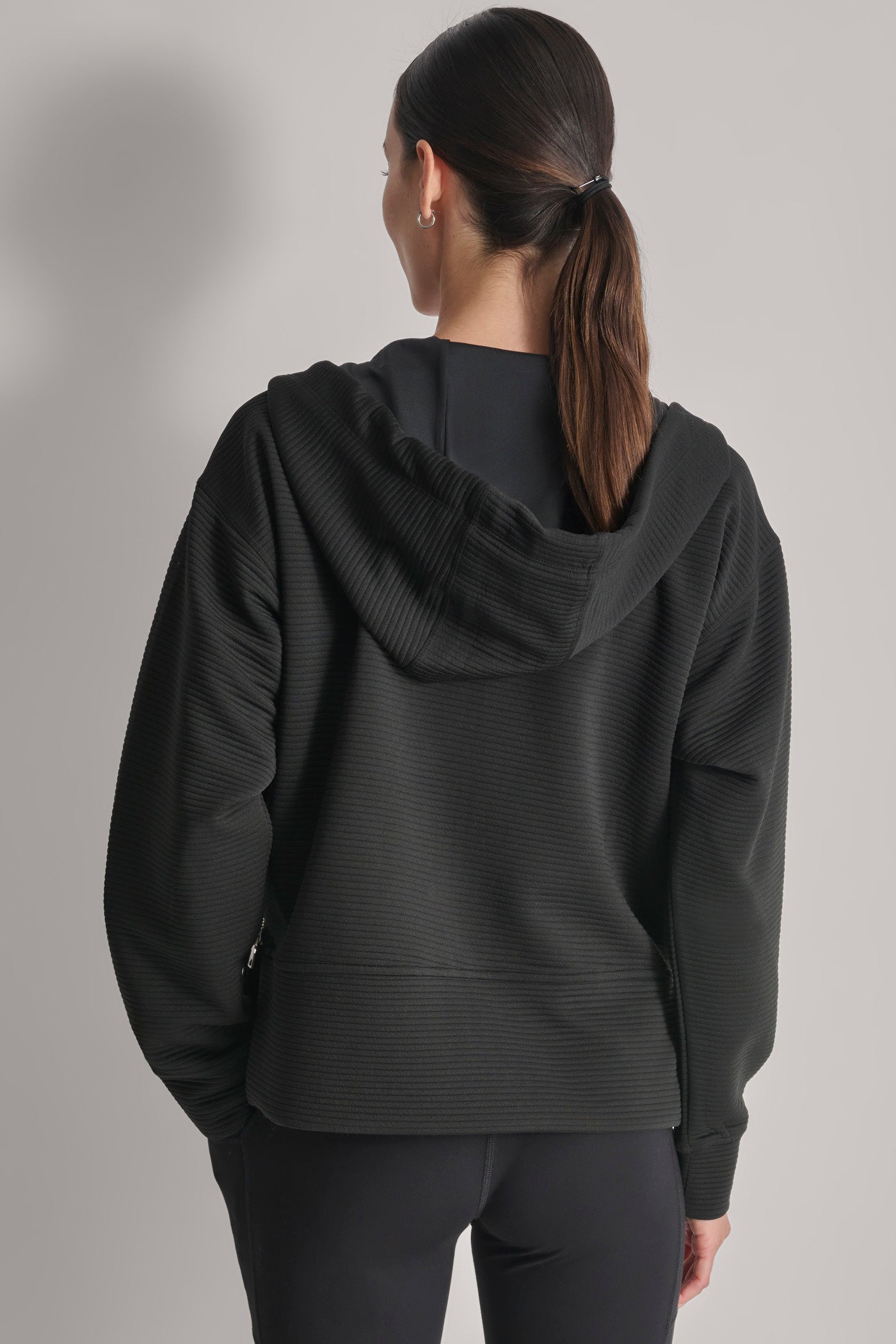 Black OTTOMAN RIB ZIP DETAILED HOODIE, BACK VIEW | Not Clearance or Preorder