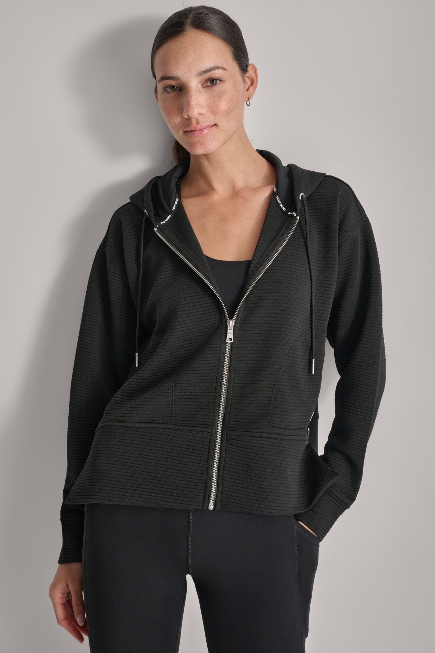 Black OTTOMAN RIB ZIP DETAILED HOODIE, FRONT VIEW | Not Clearance or Preorder
