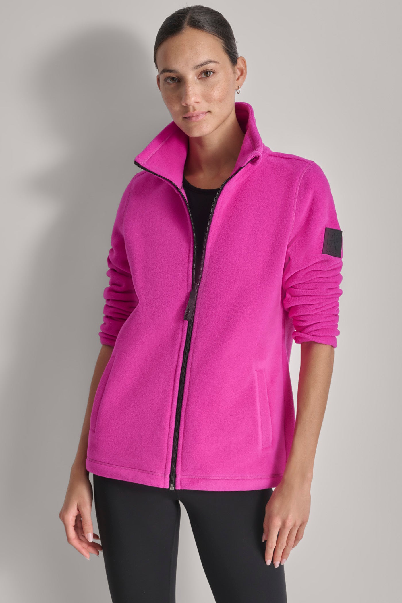 FESTIVE PINK/ BLACK TECH FLEECE JACKET WITH MATTE SHINE LOGO SLEEVE PATCH, FRONT VIEW | Coats under $100