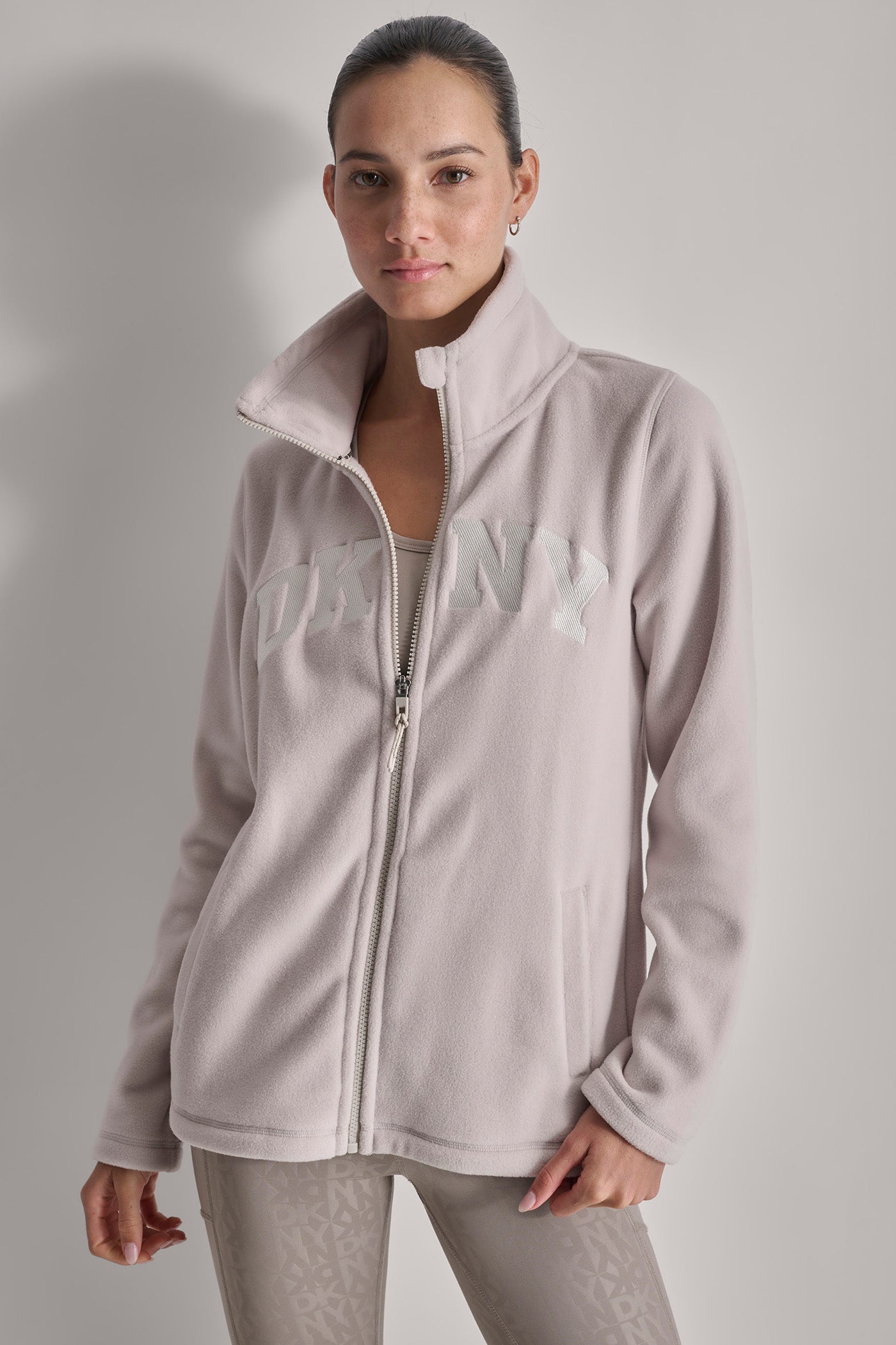 OAT TECH FLEECE FULL ZIP JACKET WITH VARSITY TWILL LOGO, FRONT VIEW | DKNY Promo