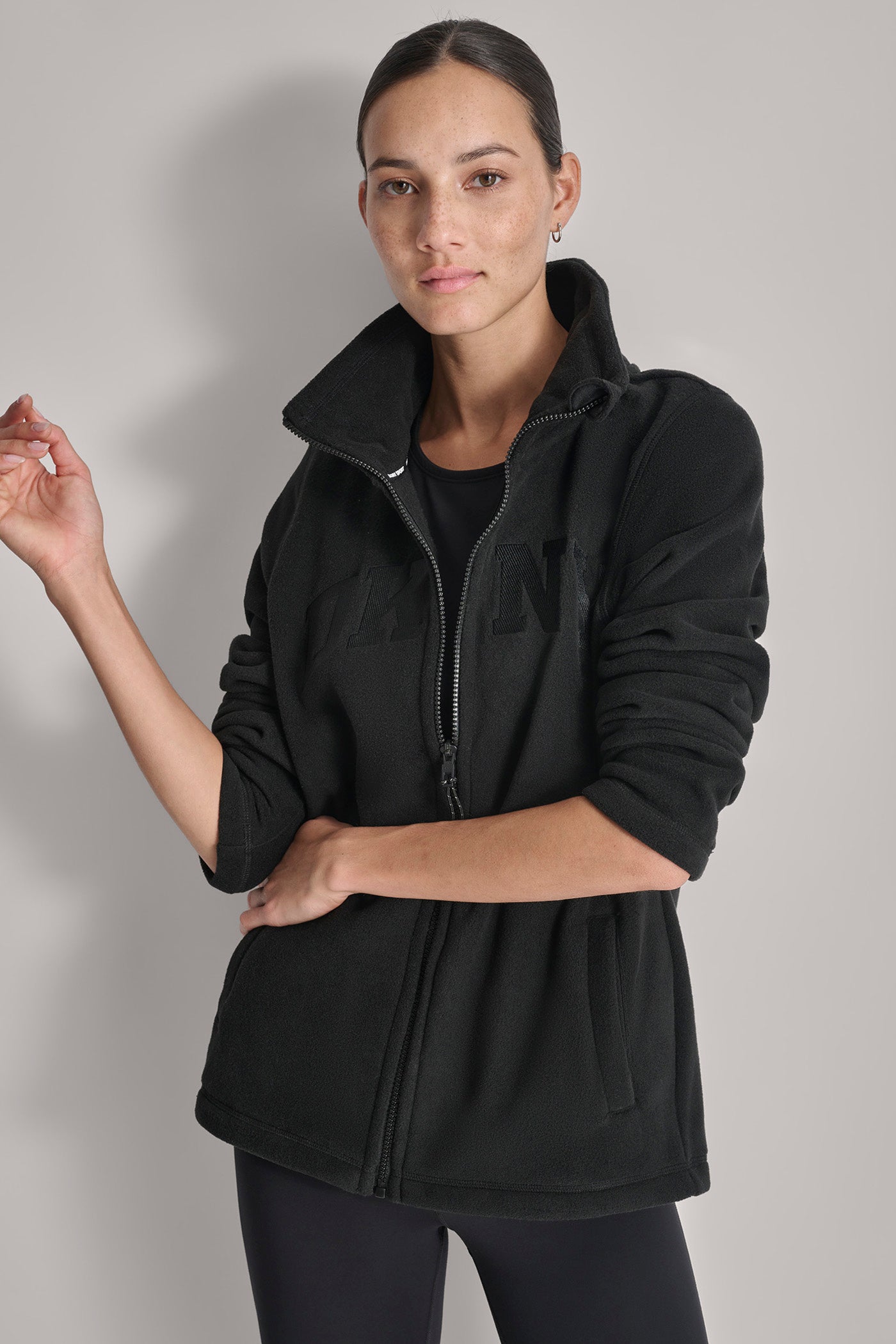 Black TECH FLEECE FULL ZIP JACKET WITH VARSITY TWILL LOGO, FRONT VIEW | DKNY Promo