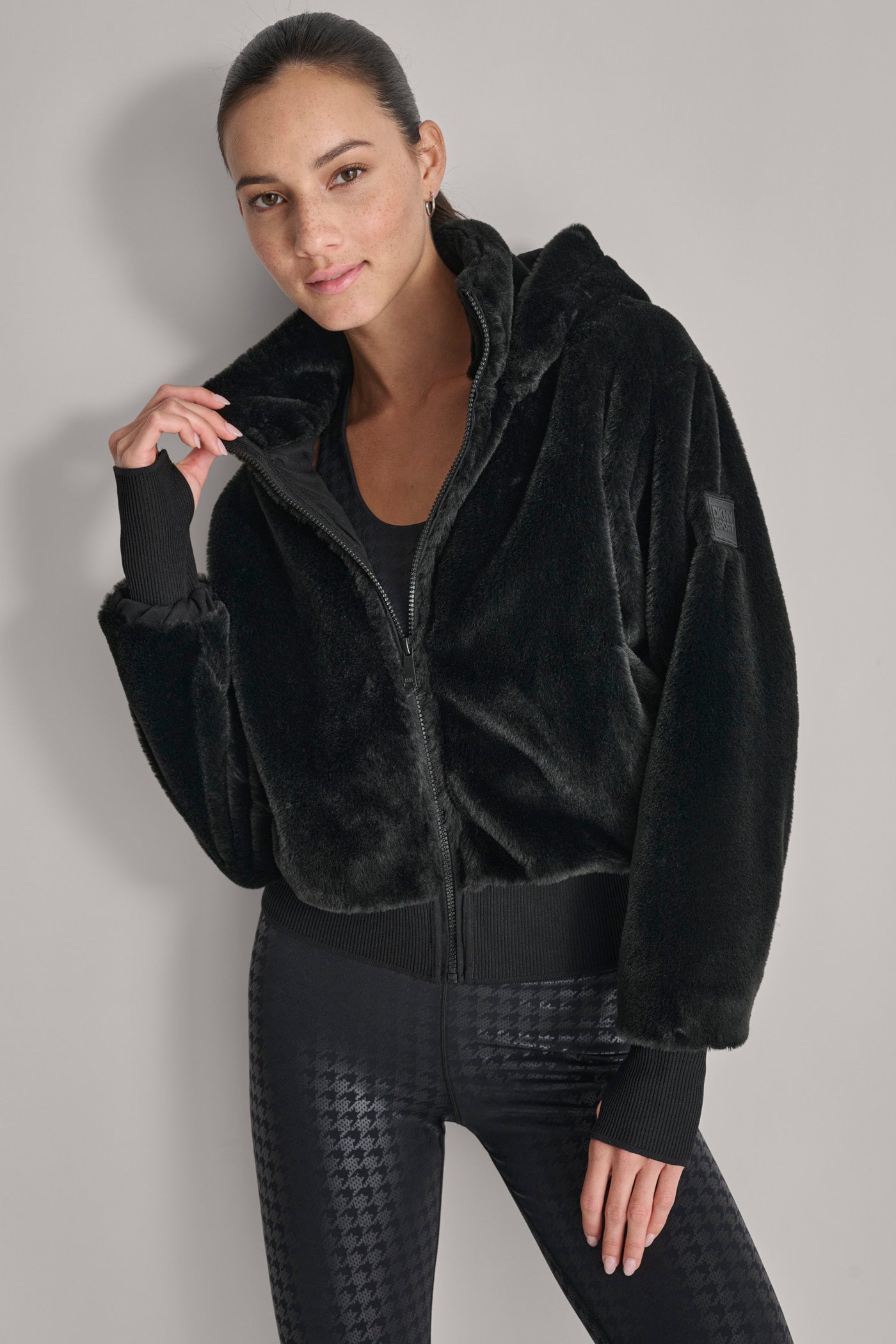 Black FAUX TEDDY FUR JACKET, FRONT VIEW | WOMENS COATS & JACKETS