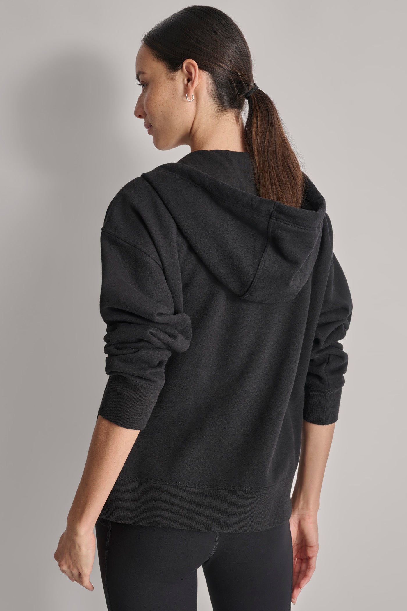 Black MINI STUD LOGO FULL ZIP HOODIE WITH POCKETS, BACK VIEW | DKNY Sport