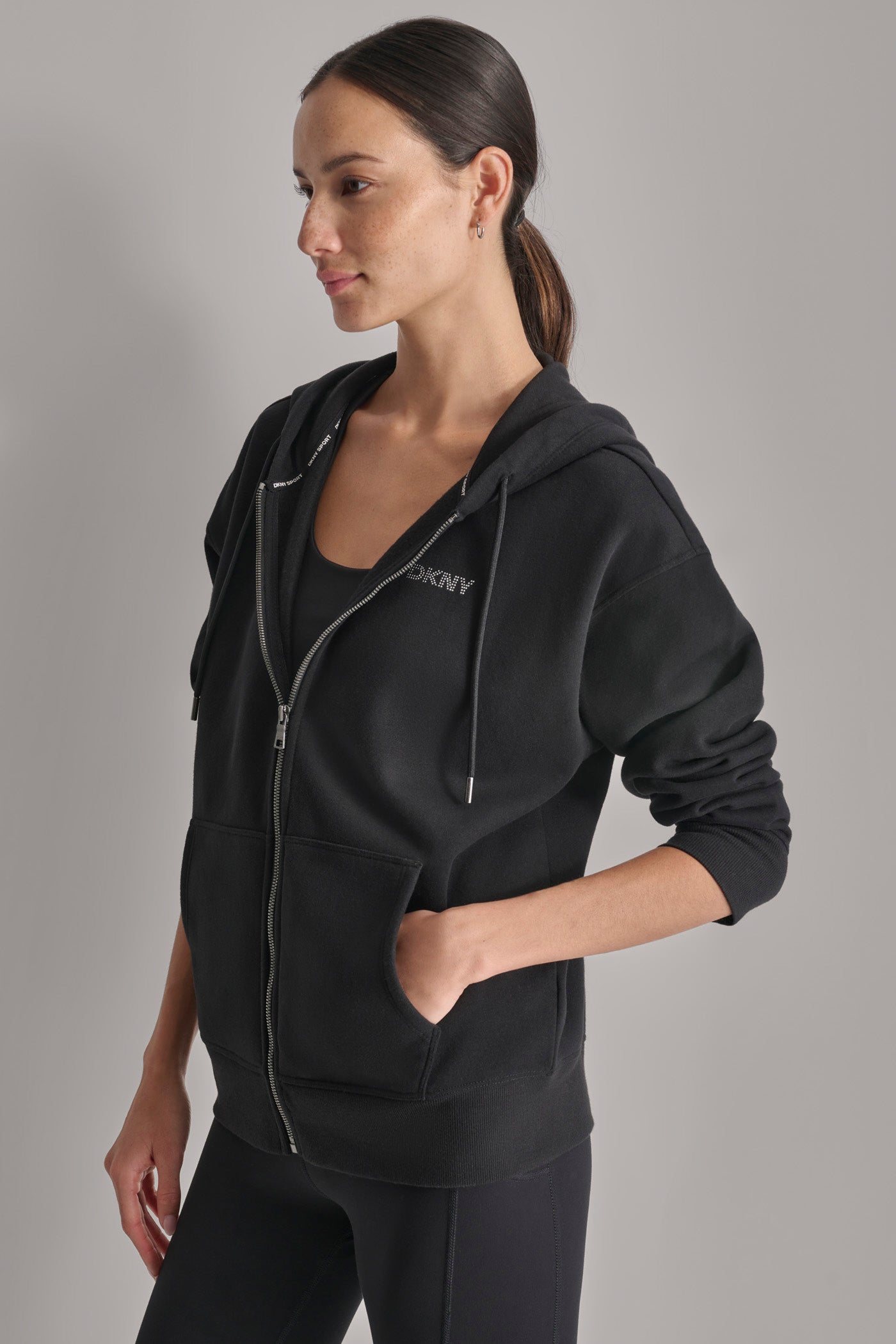 MINI STUD LOGO FULL ZIP HOODIE WITH POCKETS VIEW 3 | DKNY Sport