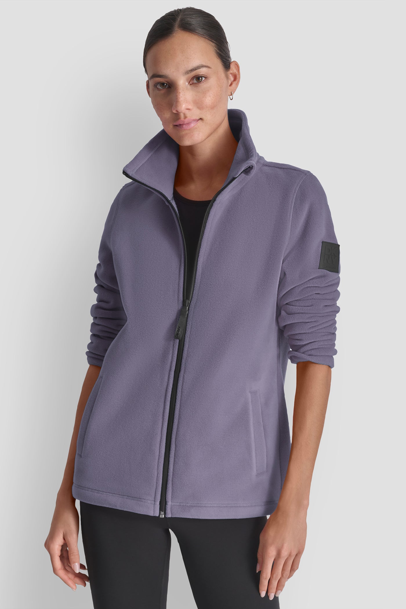 Purple TECH FLEECE JACKET WITH MATTE SHINE LOGO SLEEVE PATCH, FRONT VIEW | WOMENS COATS & JACKETS