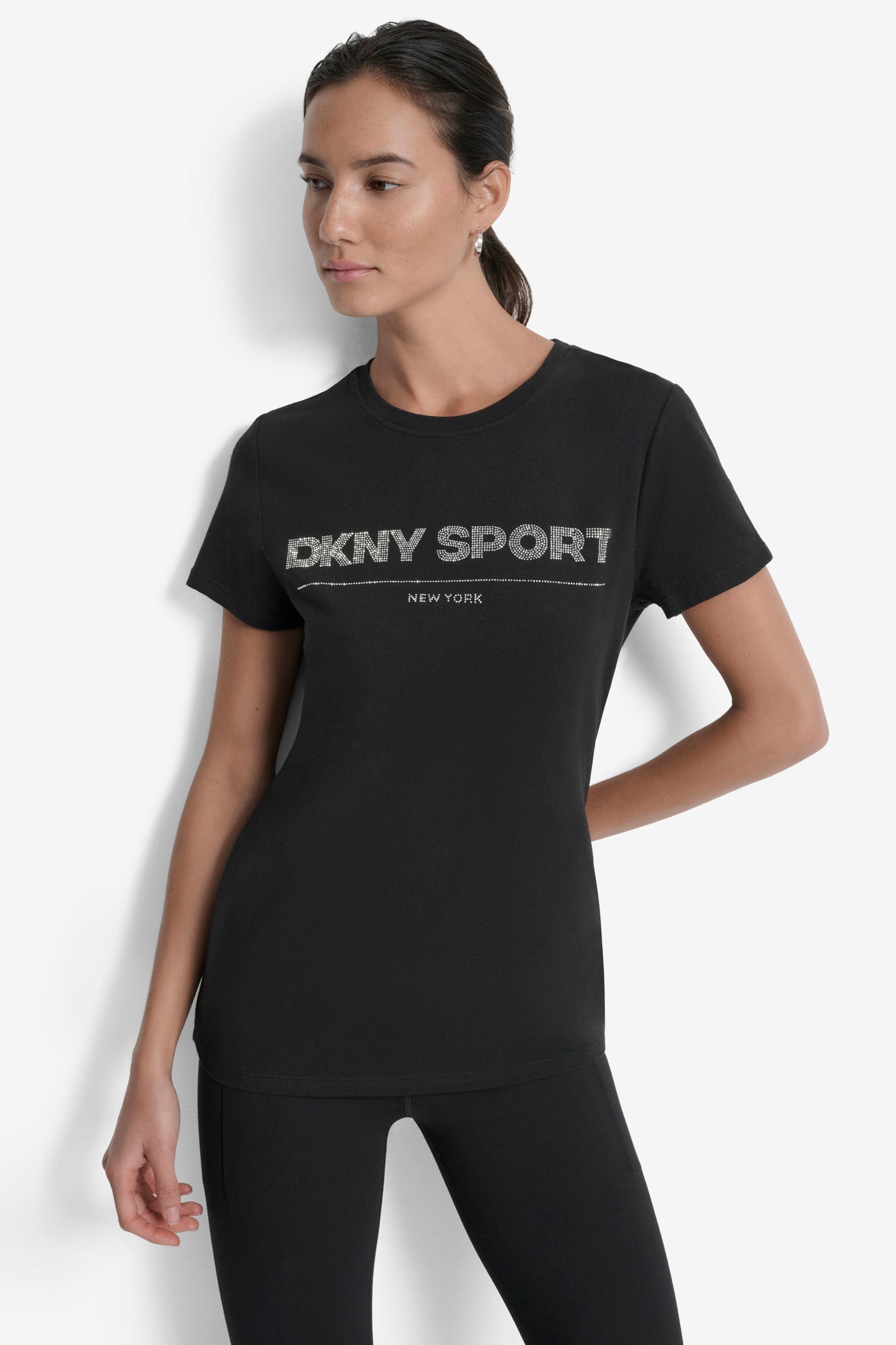 Black/Clear DKNY SPORT RHINESTONE LOGO CREW NECK TEE, FRONT VIEW | Tees & Tanks