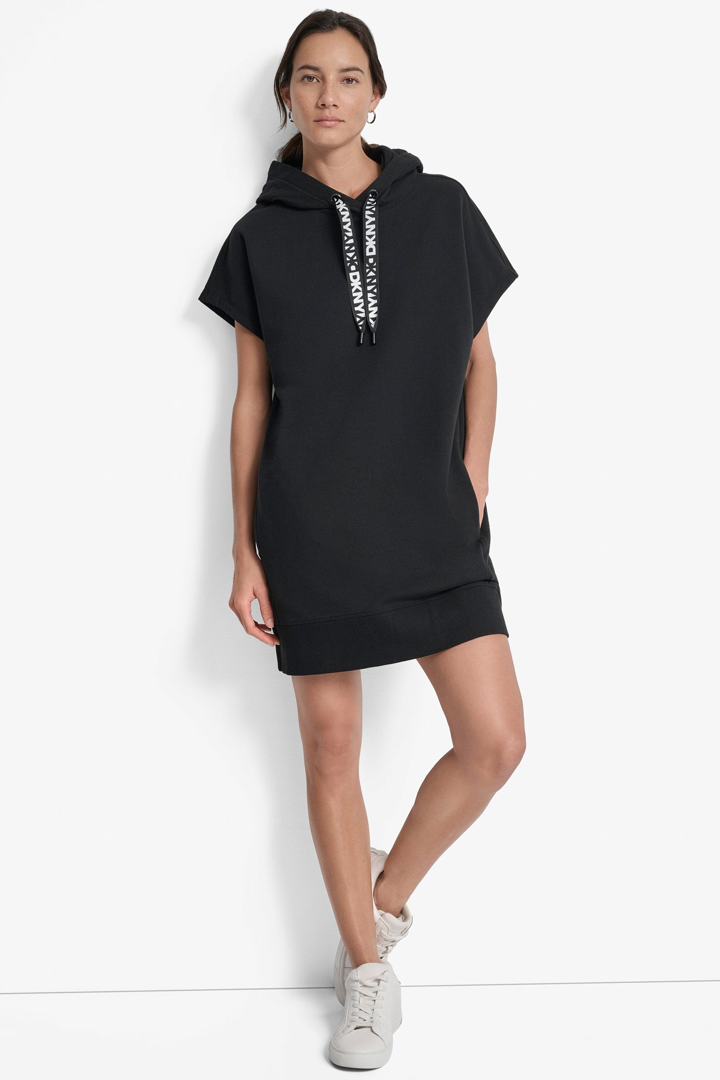 Black TWO TONE LOGO DRAWCORD SNEAKER DRESS, FRONT VIEW | SALE DRESSES