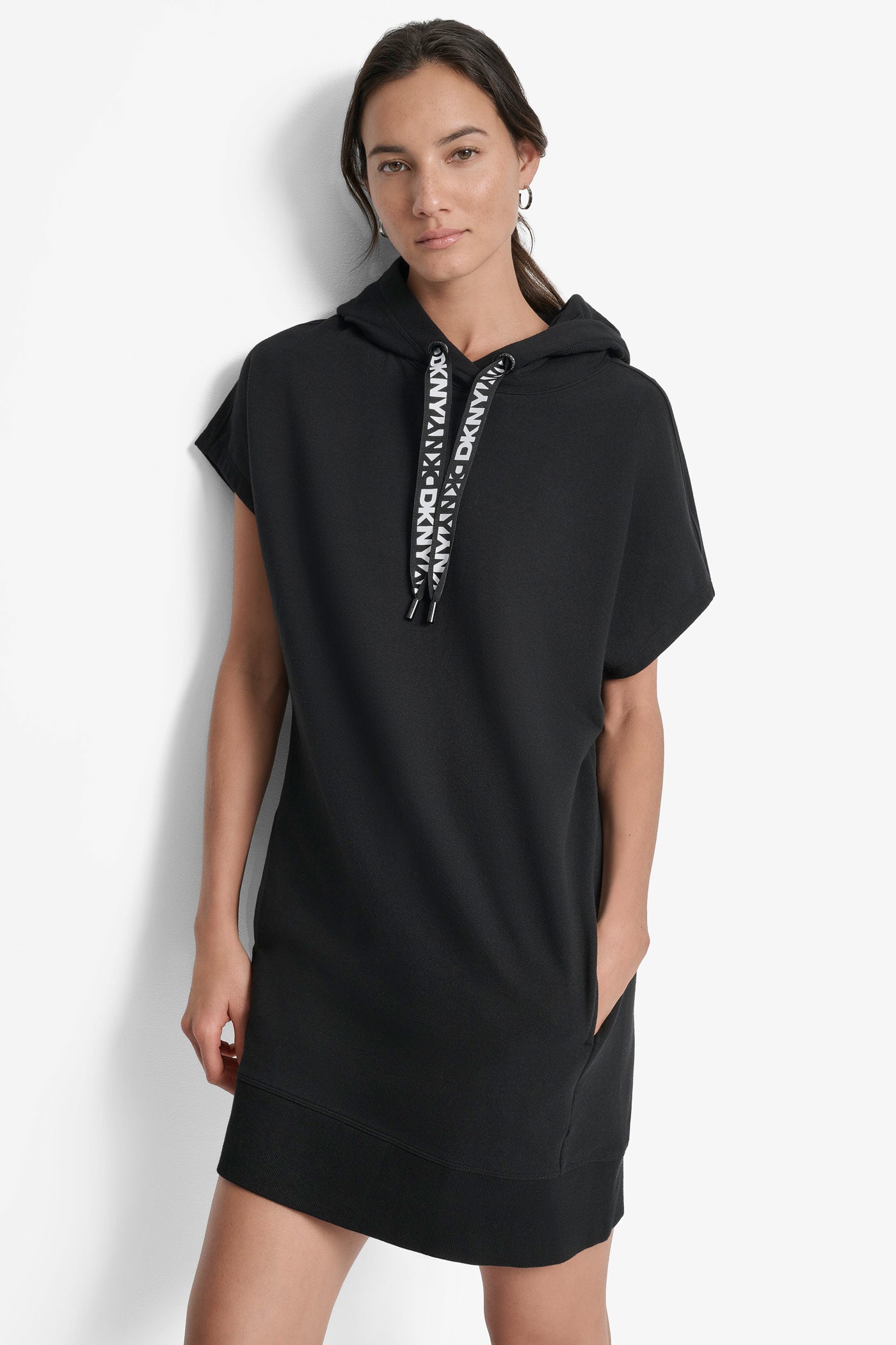 Black TWO TONE LOGO DRAWCORD SNEAKER DRESS, VIEW 1 | Dresses Under $100