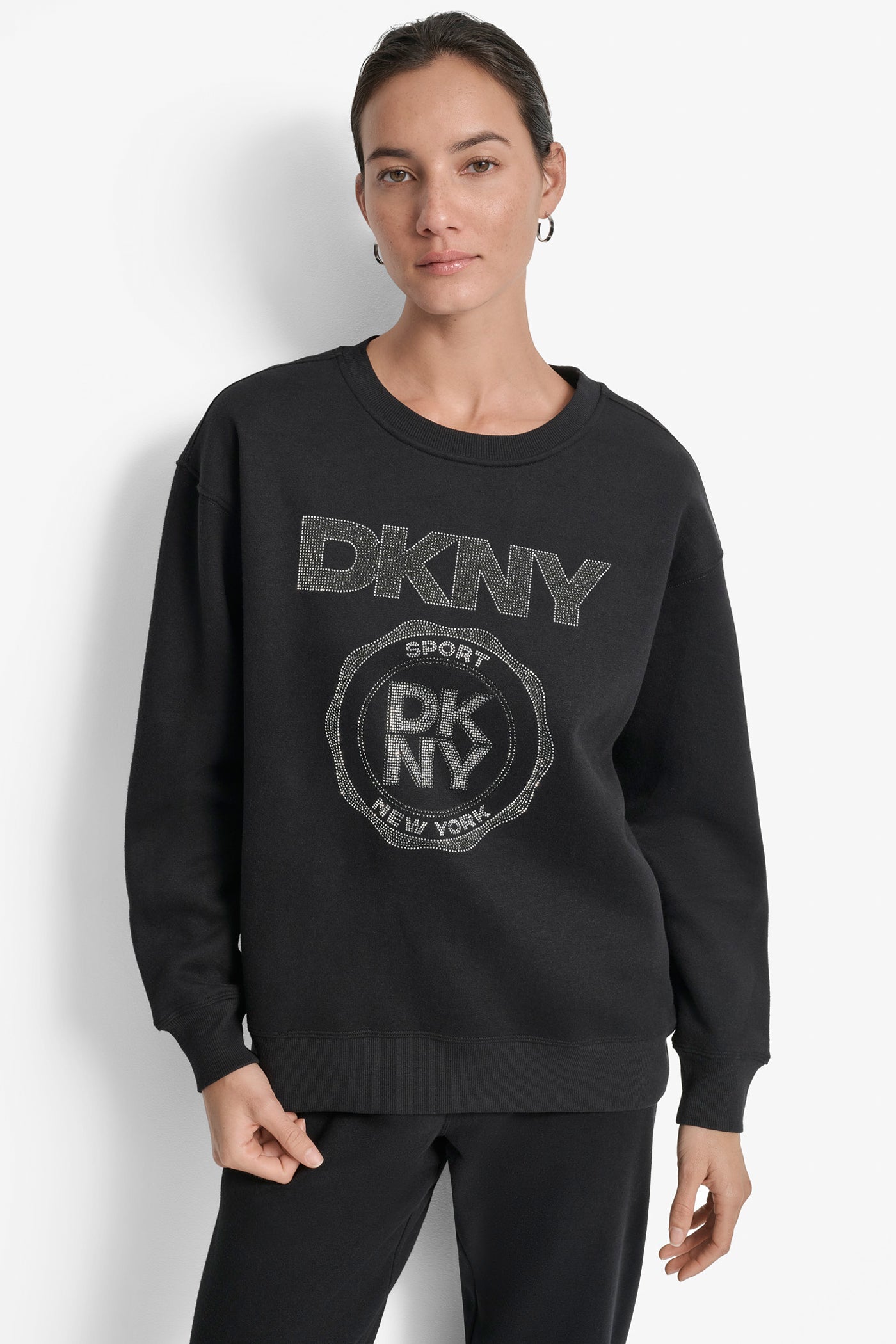 BLACK/ BLACK SILVER LOGO-EMBELLISHED SWEATSHIRT, FRONT VIEW | Sweatshirts & Joggers