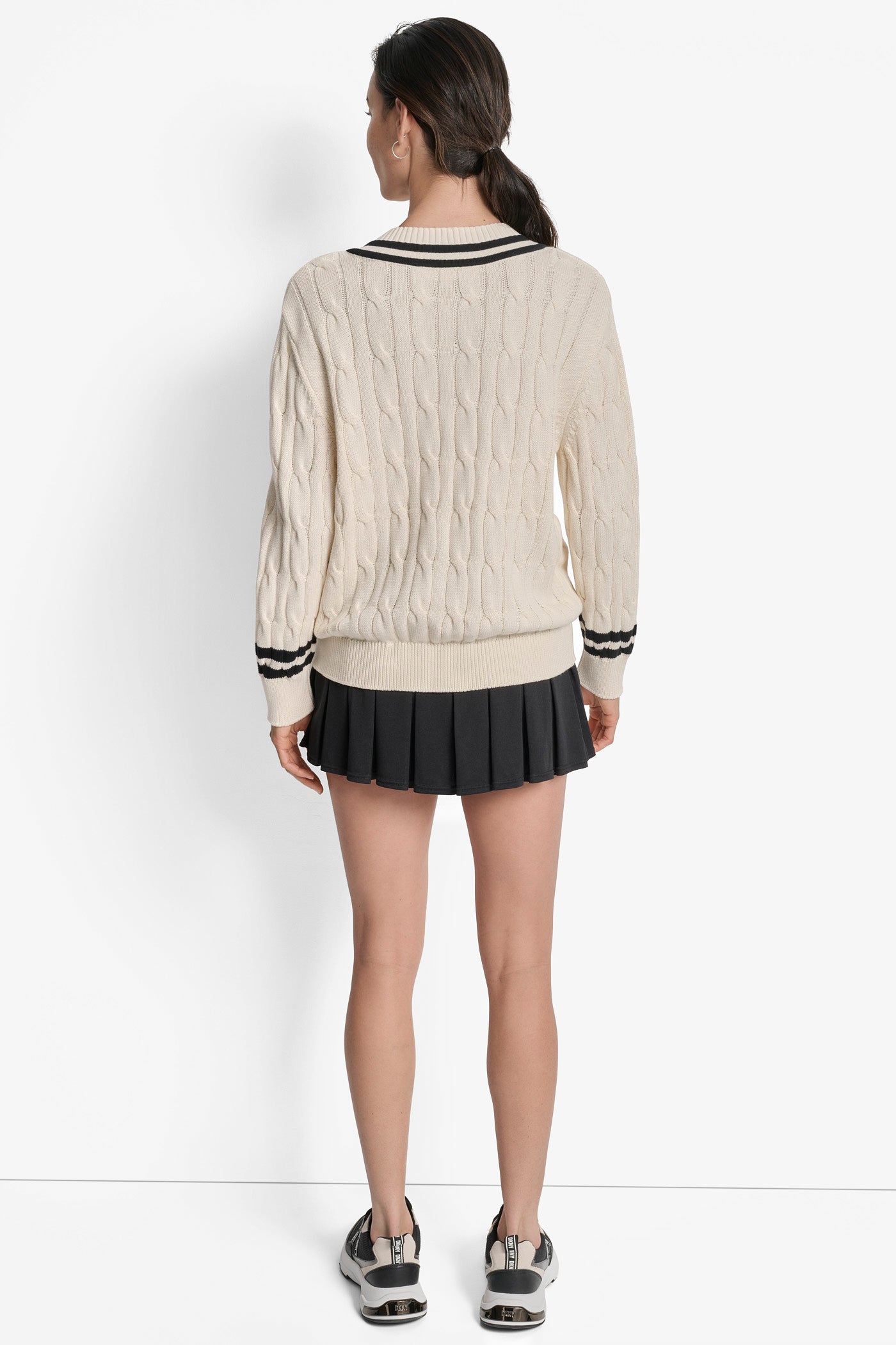 EGGNOG/ BLACK CABLE KNIT V NECK SWEATER WITH TIPPING AND LOGO, BACK VIEW | WOMEN'S SWEATERS & TOPS