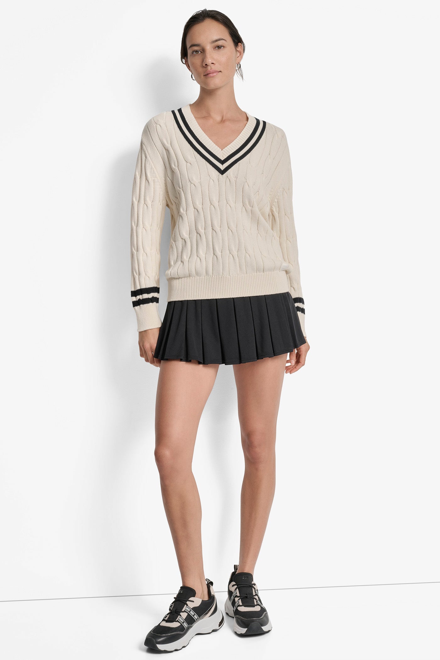 CABLE KNIT V NECK SWEATER WITH TIPPING AND LOGO VIEW 6 | WOMEN'S SWEATERS & TOPS