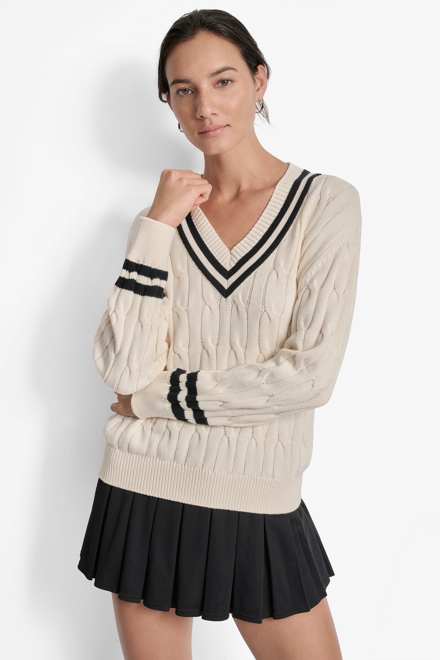 EGGNOG/ BLACK CABLE KNIT V NECK SWEATER WITH TIPPING AND LOGO, FRONT VIEW | WOMEN'S SWEATERS & TOPS