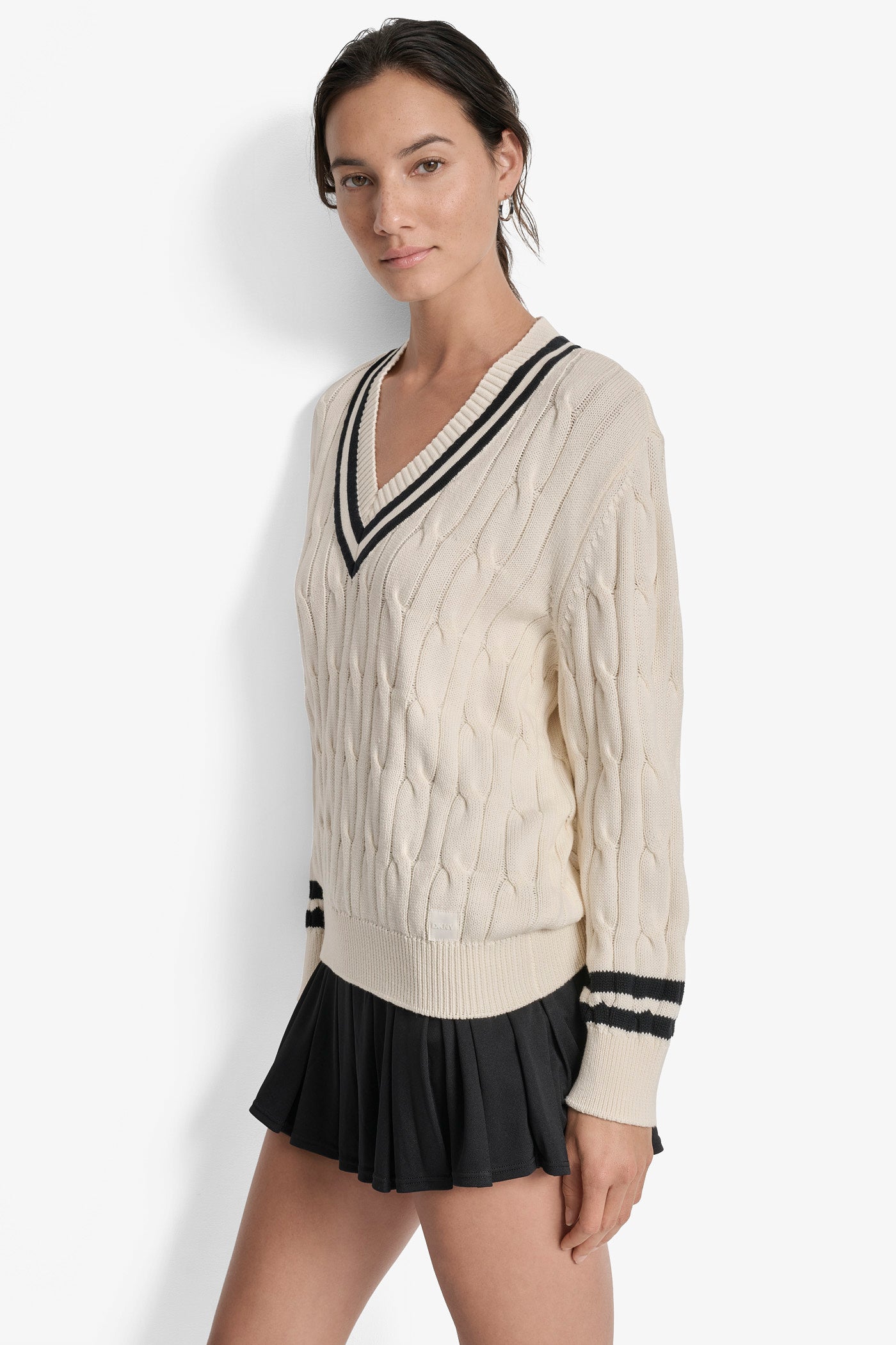CABLE KNIT V NECK SWEATER WITH TIPPING AND LOGO VIEW 3 | WOMEN'S SWEATERS & TOPS