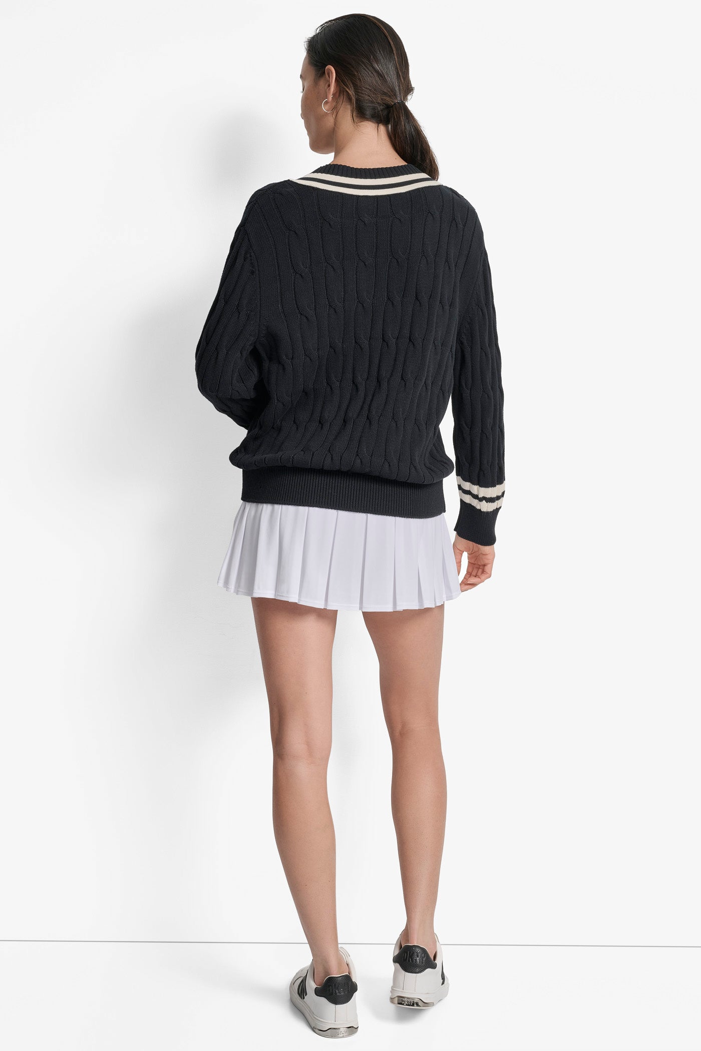 BLACK/ EGGNOG CABLE KNIT V NECK SWEATER WITH TIPPING AND LOGO, BACK VIEW | WOMEN'S SWEATERS & TOPS