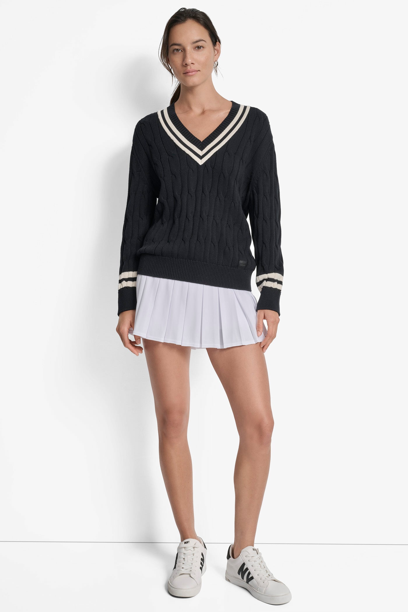 CABLE KNIT V NECK SWEATER WITH TIPPING AND LOGO VIEW 8 | WOMEN'S SWEATERS & TOPS