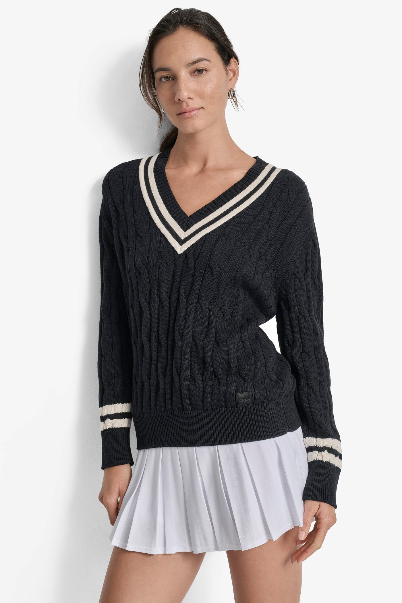 BLACK/ EGGNOG CABLE KNIT V NECK SWEATER WITH TIPPING AND LOGO, FRONT VIEW | WOMEN'S SWEATERS & TOPS