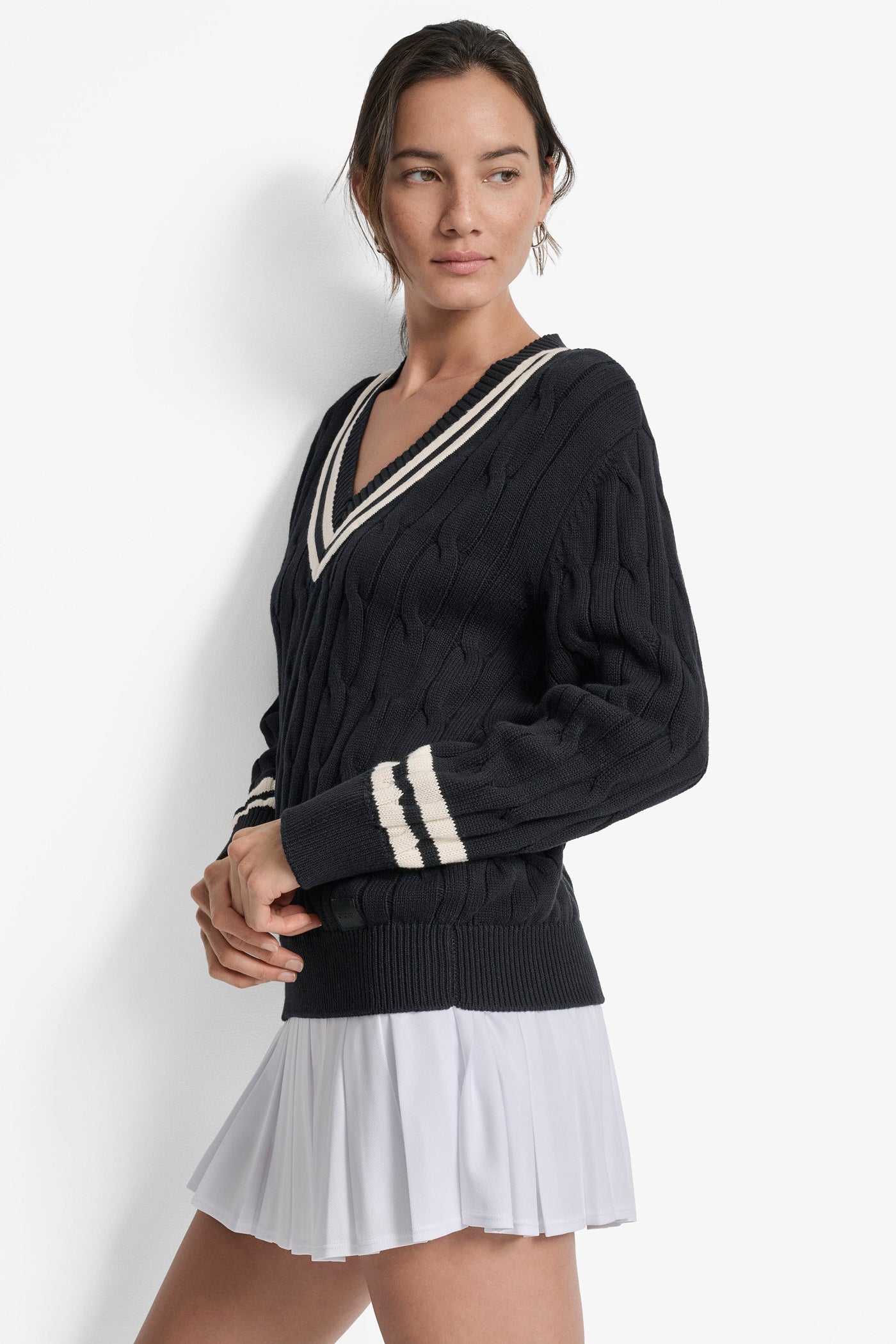 CABLE KNIT V NECK SWEATER WITH TIPPING AND LOGO VIEW 3 | WOMEN'S SWEATERS & TOPS