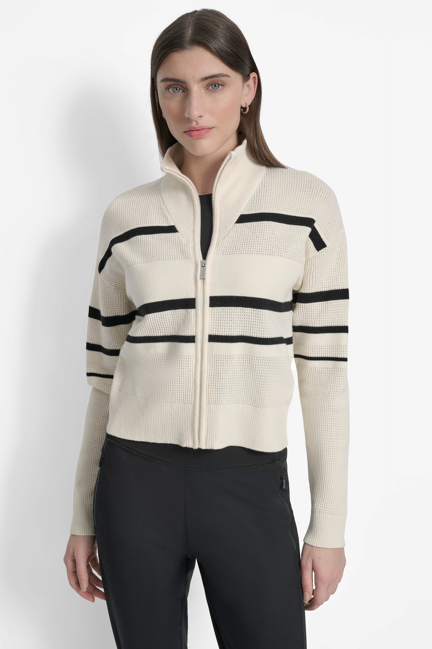 EGGNOG/ BLACK OPEN STITCH FULL ZIP STRIPE JACKET, FRONT VIEW | Sweatshirts & Joggers