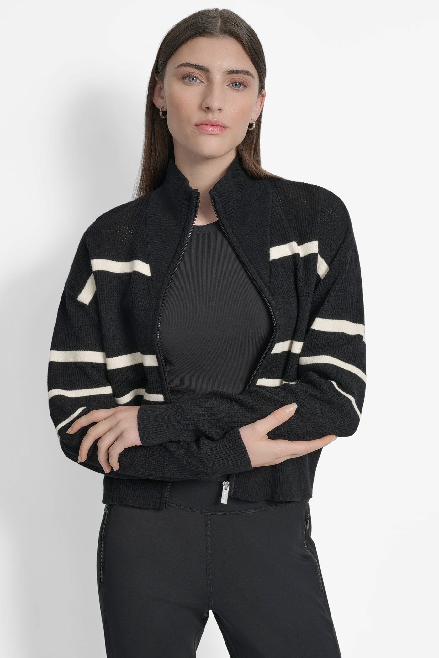 BLACK/ EGGNOG OPEN STITCH FULL ZIP STRIPE JACKET, FRONT VIEW | Sweatshirts & Joggers