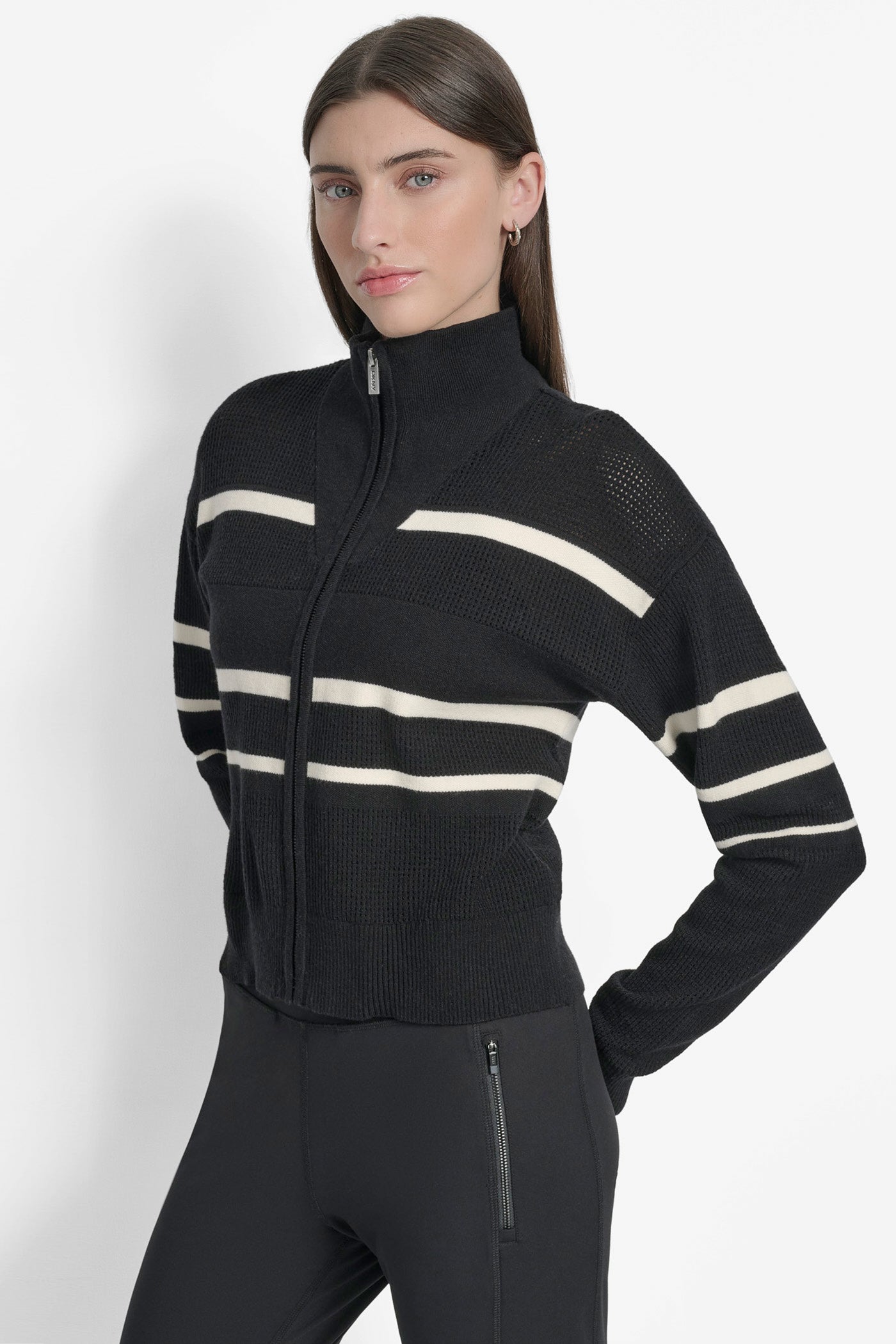 BLACK/ EGGNOG OPEN STITCH FULL ZIP STRIPE JACKET, BACK VIEW | Sweatshirts & Joggers