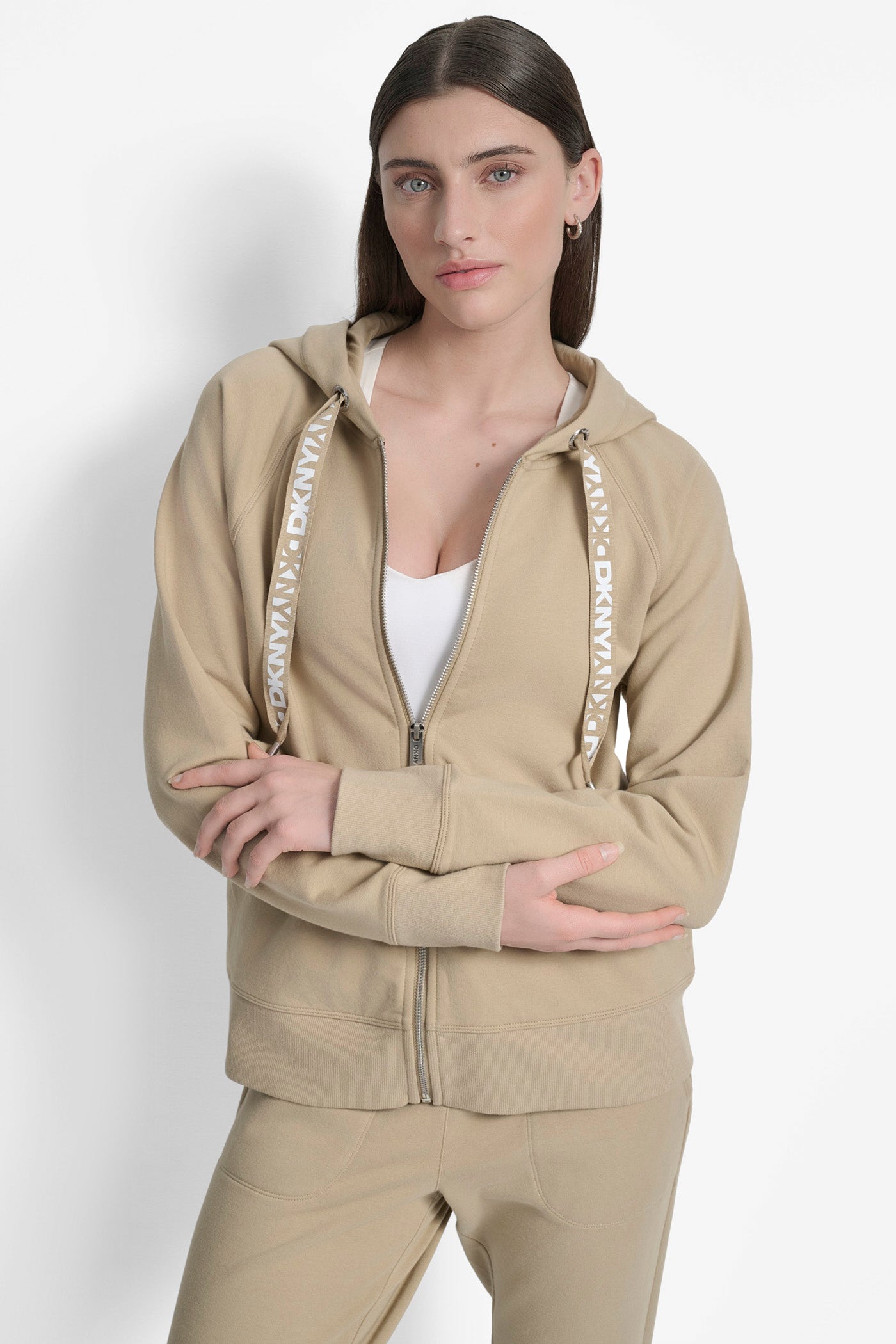 TRAVERTINE/WHITE LOGO DRAWSTRING PERFORMANCE HOODIE, VIEW 1 | Sport Essentials