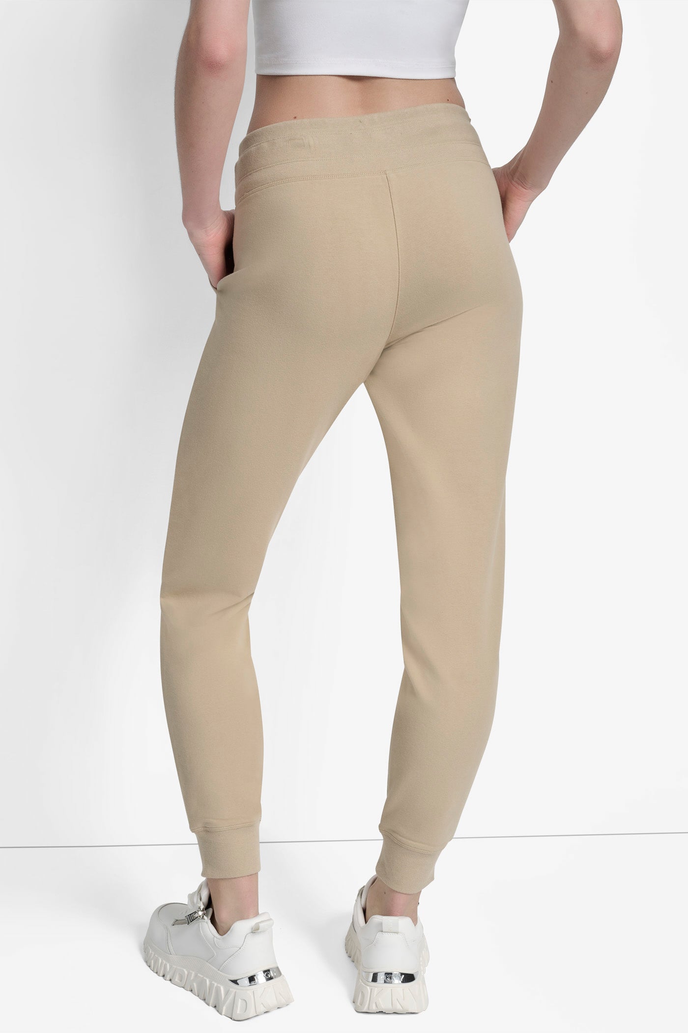 TRAVERTINE/WHITE HIGH RISE LOGO DRAWSTRING JOGGER, BACK VIEW | Sport Essentials