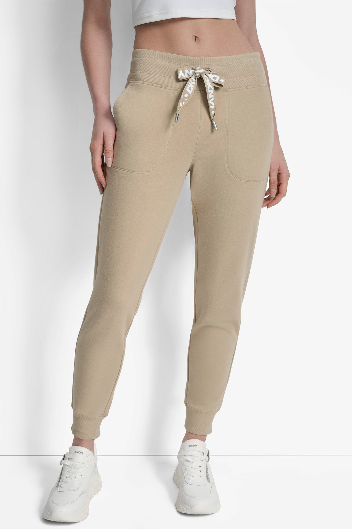 TRAVERTINE/WHITE HIGH RISE LOGO DRAWSTRING JOGGER, FRONT VIEW | Sport Essentials