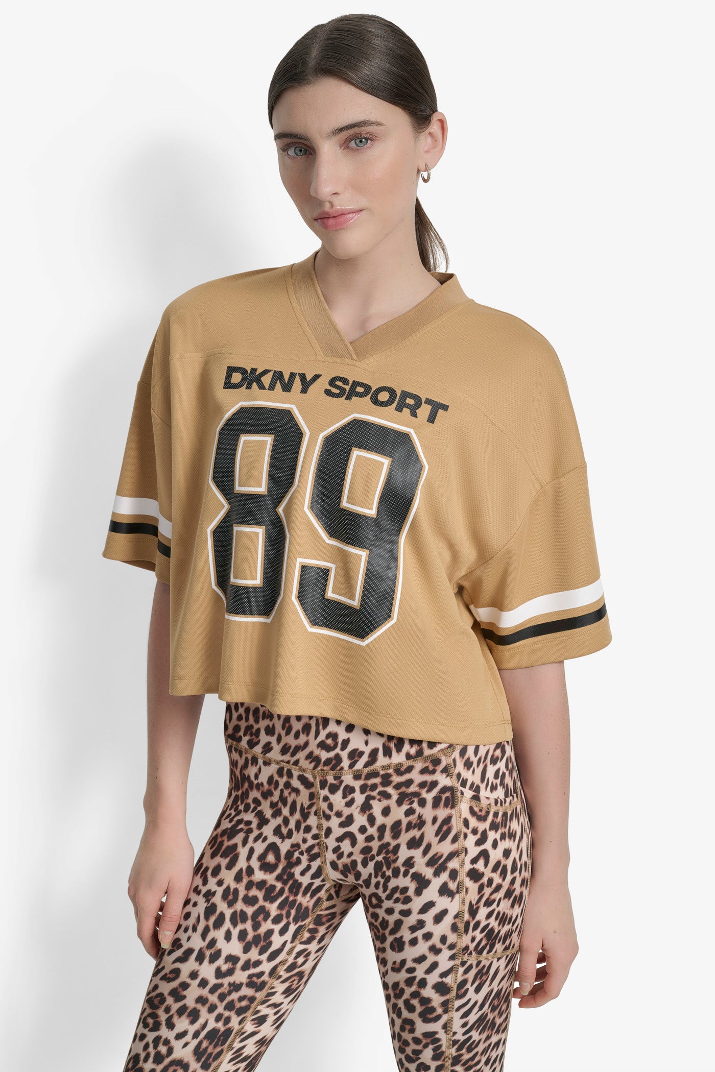 Whiskey/Black CROPPED VARSITY LOGO JERSEY TEE, FRONT VIEW | Tees & Tanks