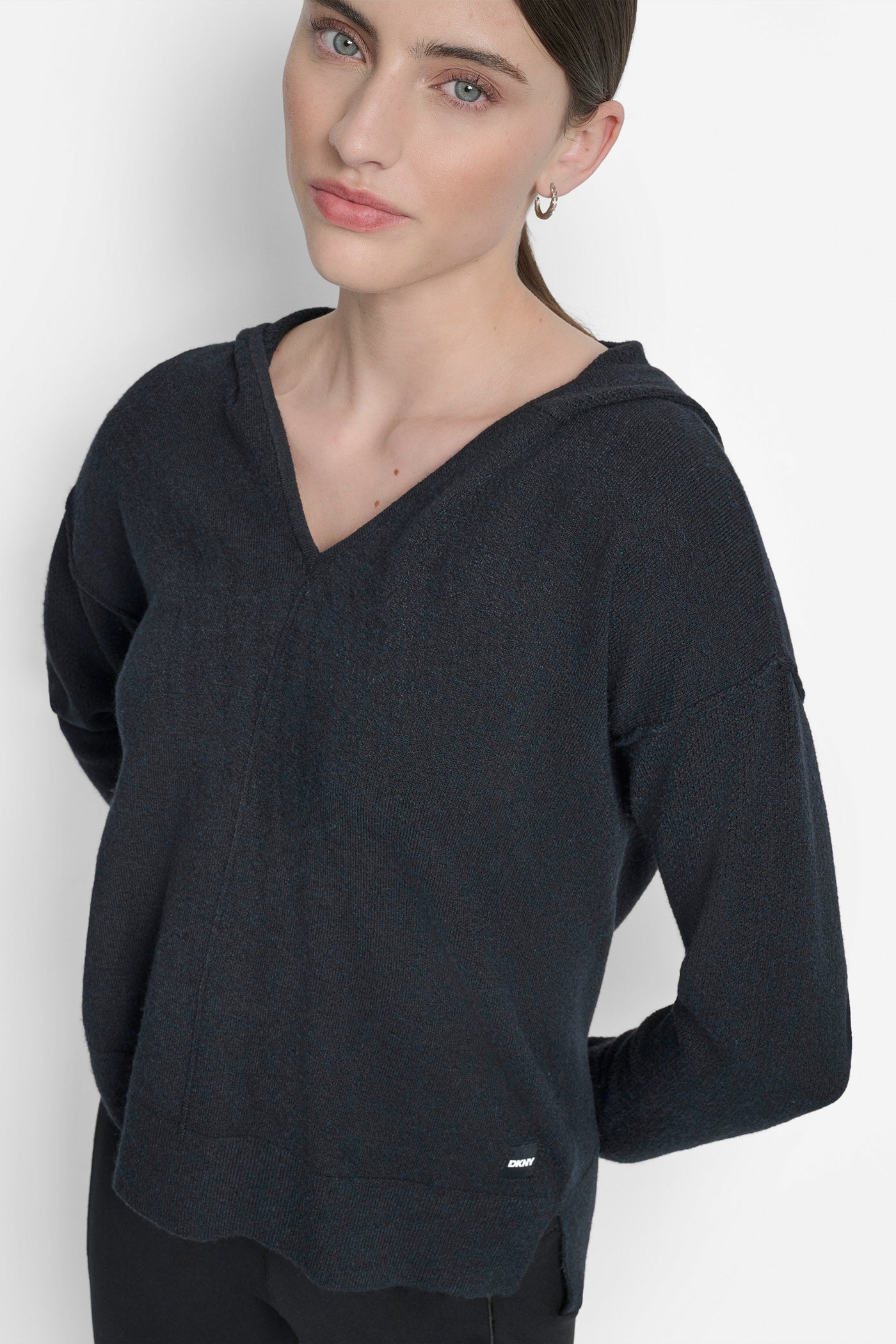 OPEN POINTELLE STITCH HOODIE WITH HIGH LOW HEM VIEW 5