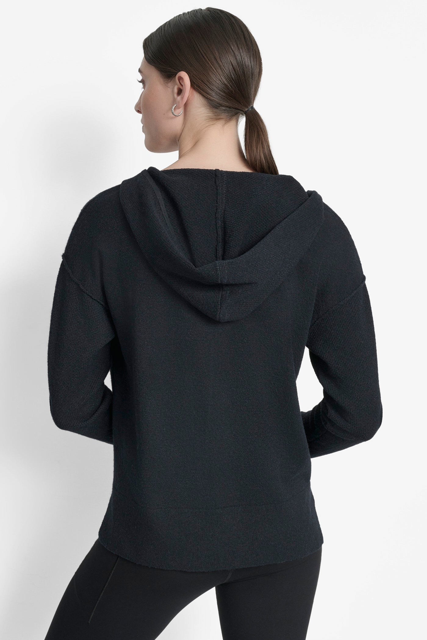 Black OPEN POINTELLE STITCH HOODIE WITH HIGH LOW HEM, BACK VIEW | Clothing